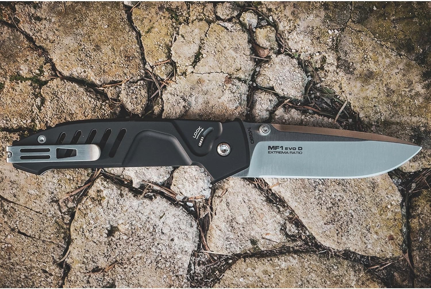 Extrema Ratio - MF1 EVO D (BLACK SATIN), Folding Knife, M390 stainless steel blade, satin finish, ambidextrous design, anticorodal aluminum handle, glass breaker, belt cutter, made in Italy