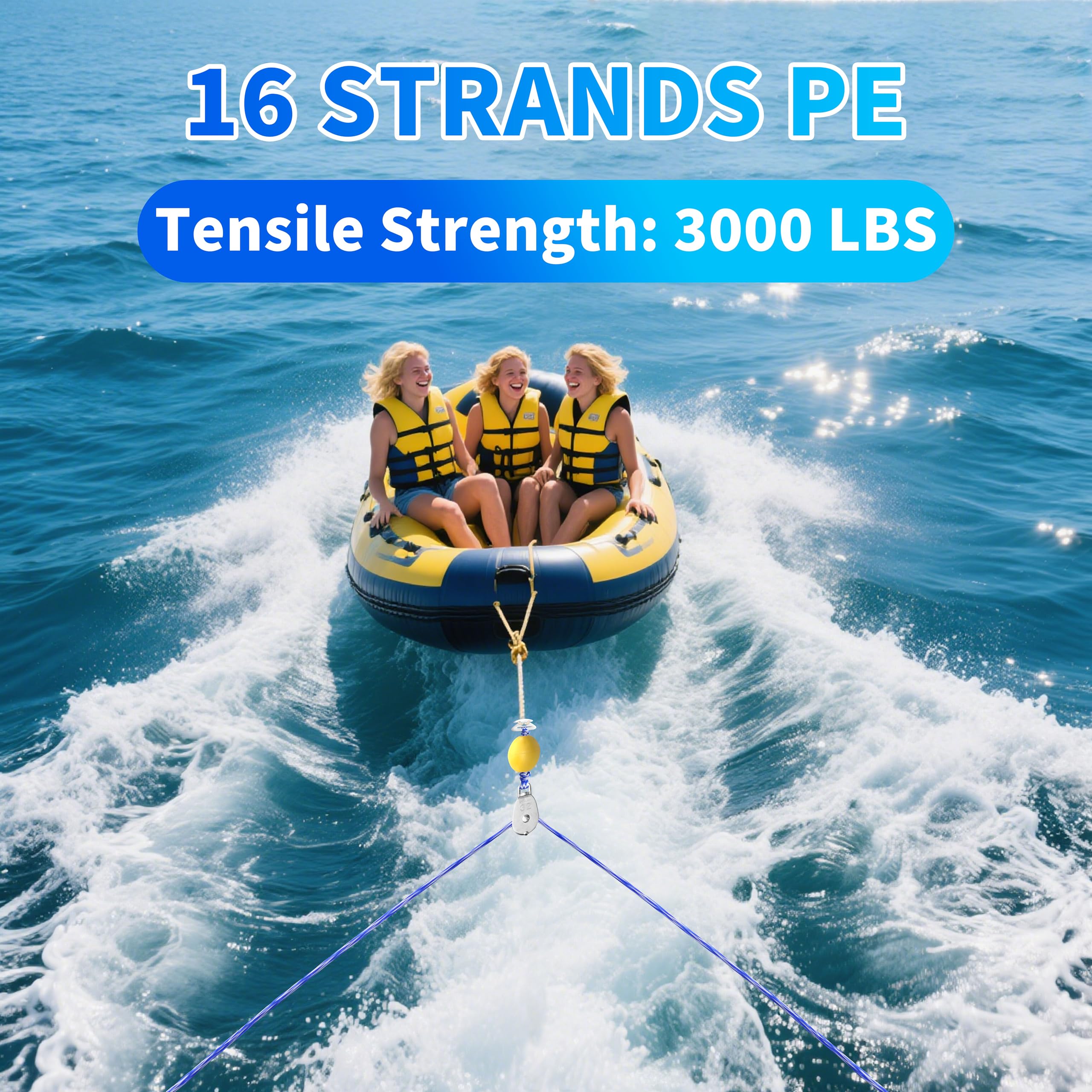 Cablaggio di traino per barche pesanti per tubi, corda di traino per sport acquatici per rimorchi e tubi per barche, autocentranti per barche, moto d'acqua, pontone, wakeboard