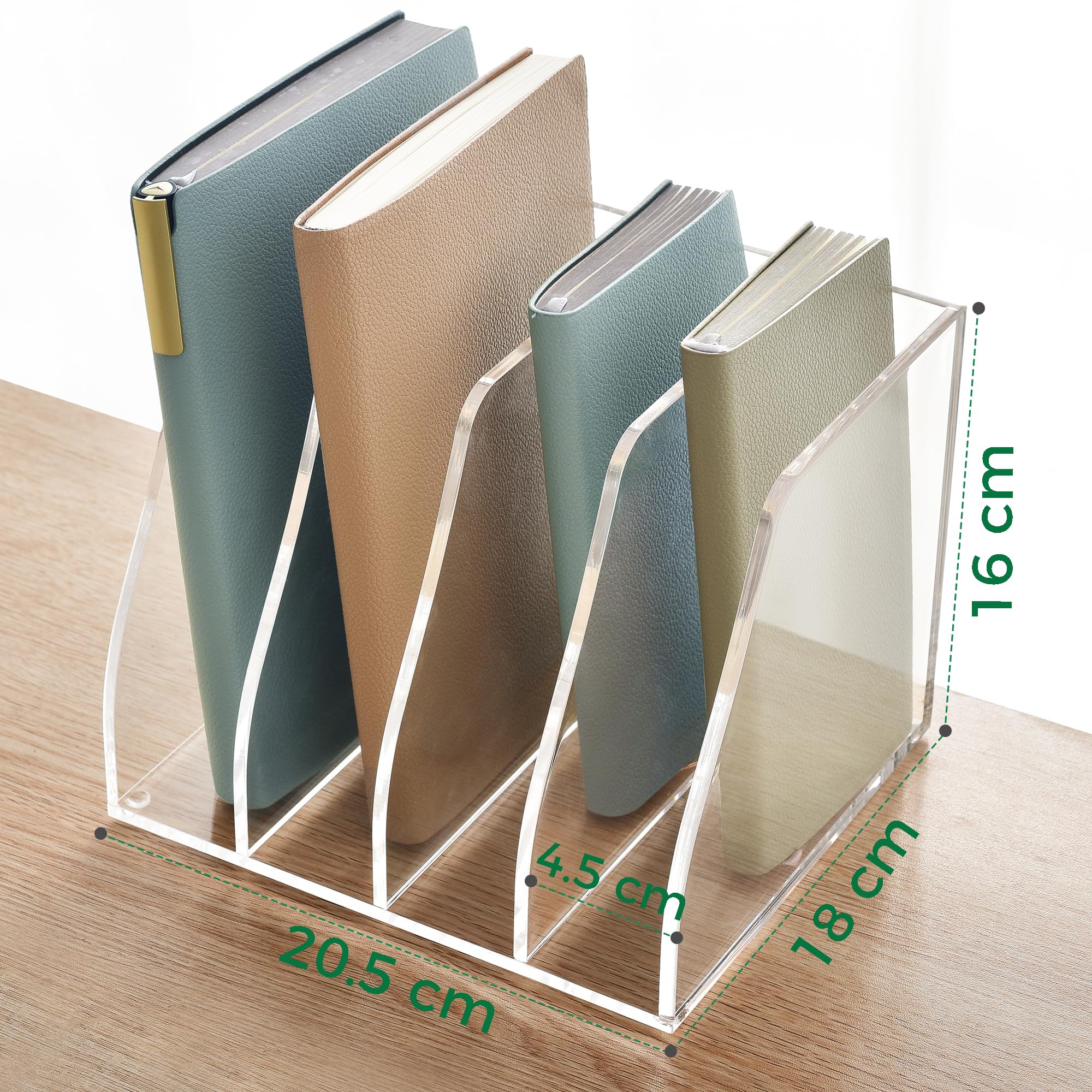 Revistero de acrílico B5, soporte para revistas de archivos con 4 compartimentos, organizador de escritorio