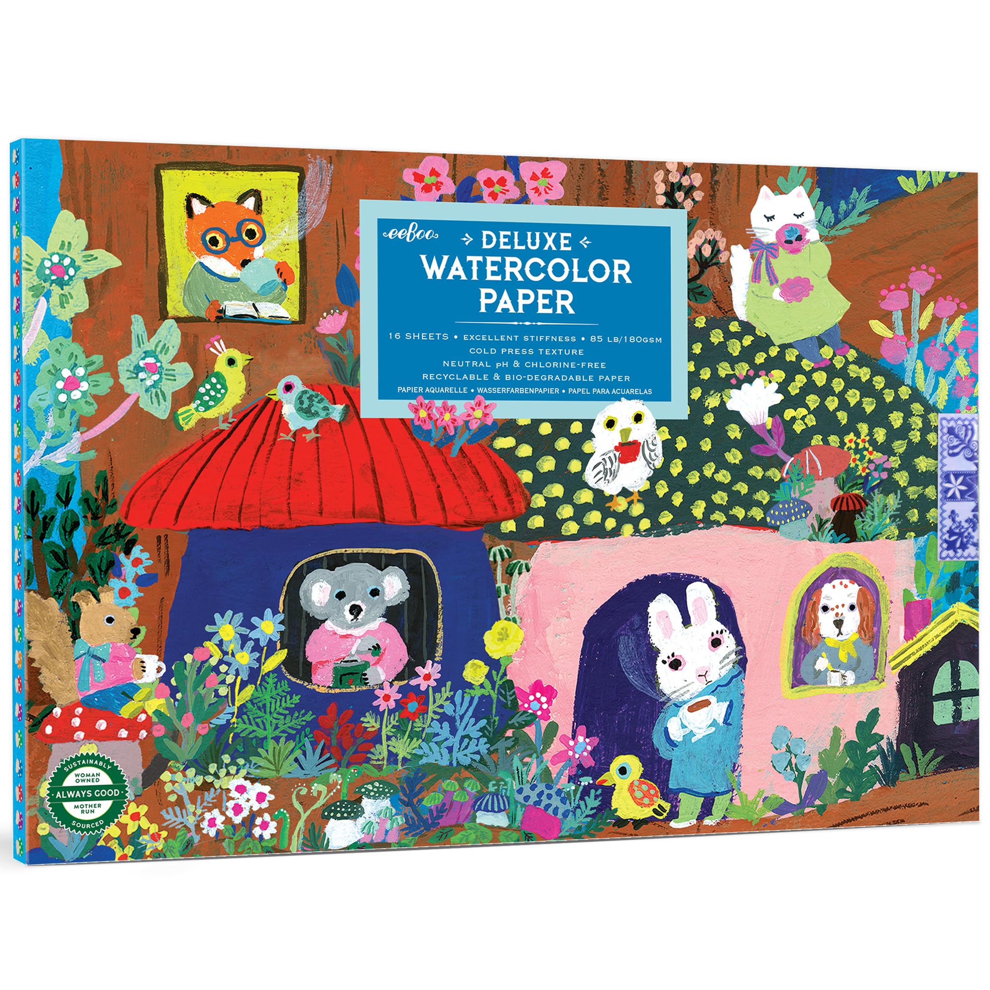 eeBoo: Deluxe-Aquarell-Papierblock, Yumi's Mushrooms, 16 Blatt, Künstlerqualität, 180 g/m², Woodland Cover Art, umweltfreundlich, Zeichnen und Malen