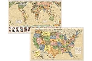 2-in-1 Laminated World Map and USA Map Set with Equal Earth Projection