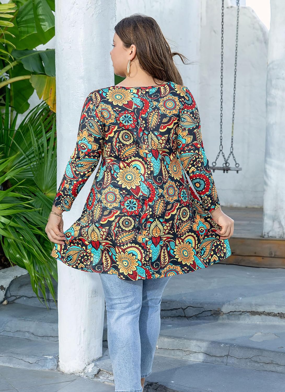 Womens Tunic Tops 3/4 Sleeve Plus Size Crew Neck Swing Flare Loose Fit T-Shirt Blouses to Wear with Leggings - Image 4