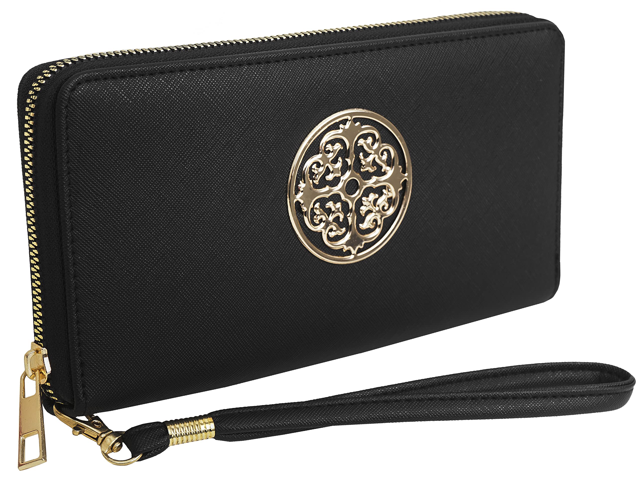 Rebecca & RifkaFaux Saffiano Leather Medallion Zip Around Wristlet Wallet, W1311-Black, Faux Leather Saffiano Gold Logo Emblem Wristlet Wallet