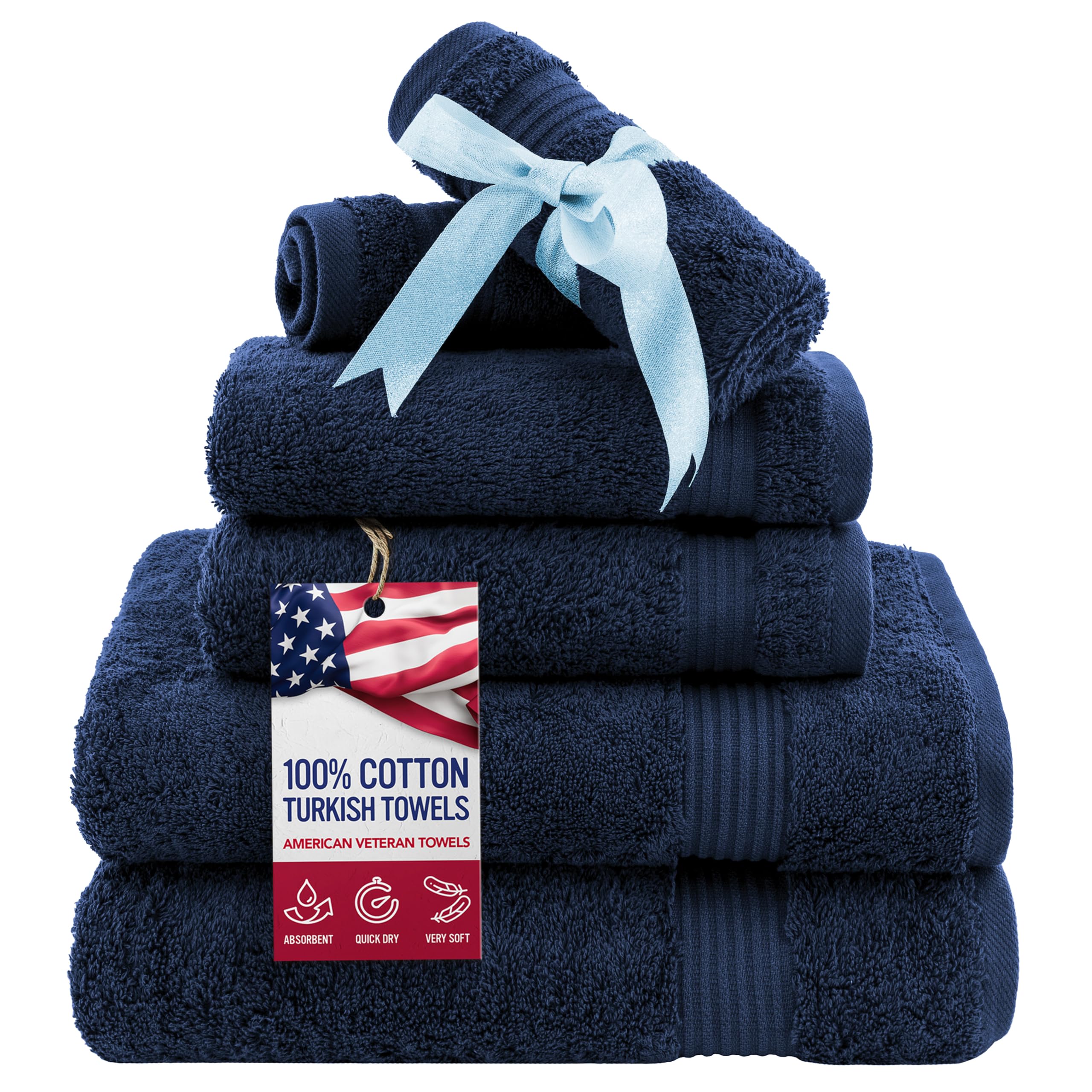 American Veteran Towel, 6 Piece Towel Set for Bathroom, 100% Cotton Turkish Bathroom Towels, 2 Bath Towels 2 Hand Towels 2 Washcloths, Navy Blue