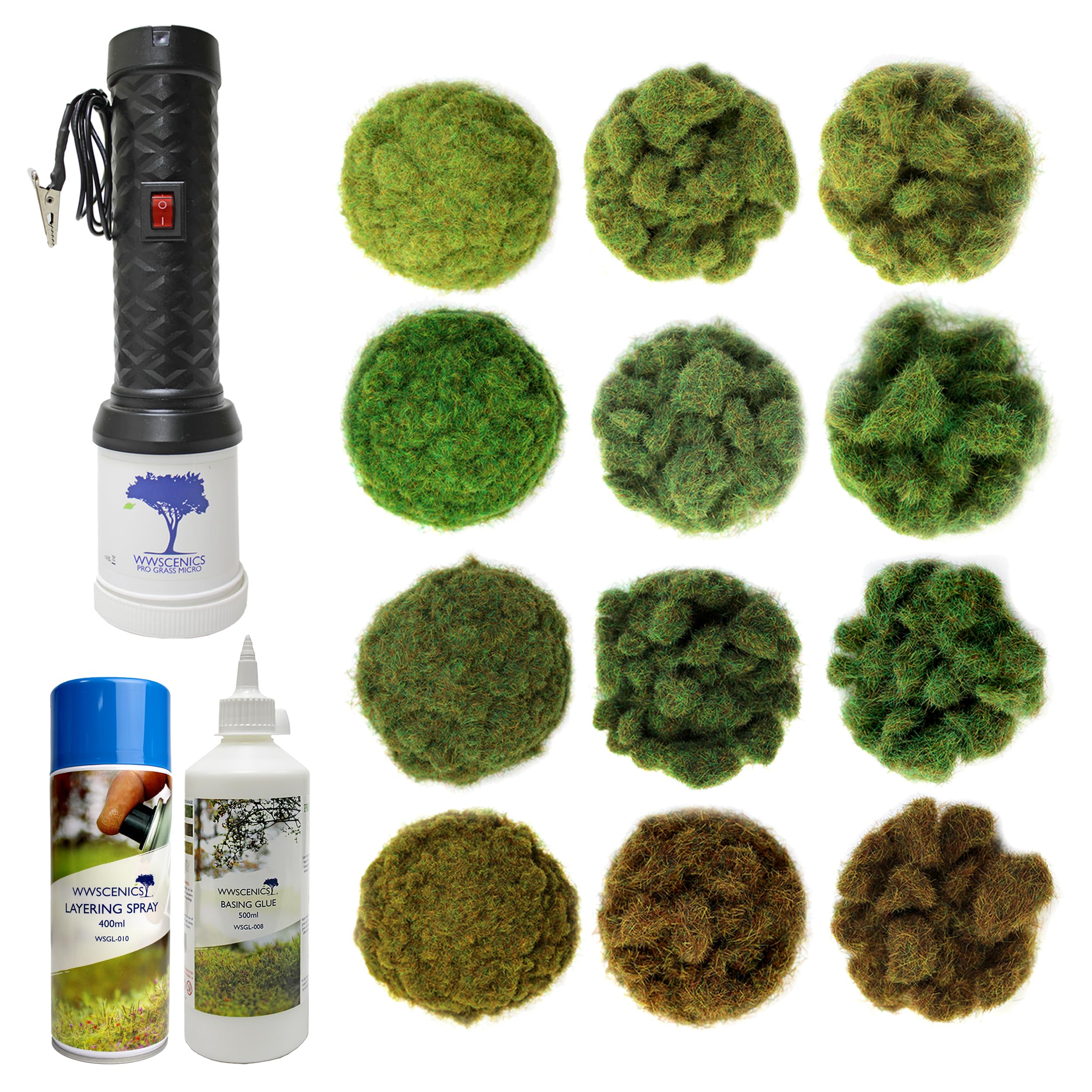 War World Scenics Pro Grass Micro Begrasungsgerät & Vier Jahrzeiten Grasfasern Set mit Kleber - Modellbahn Modellbau Modell Tabletop Gelände Geländebau Landschaftsbau Streugras Statische Grasfasern