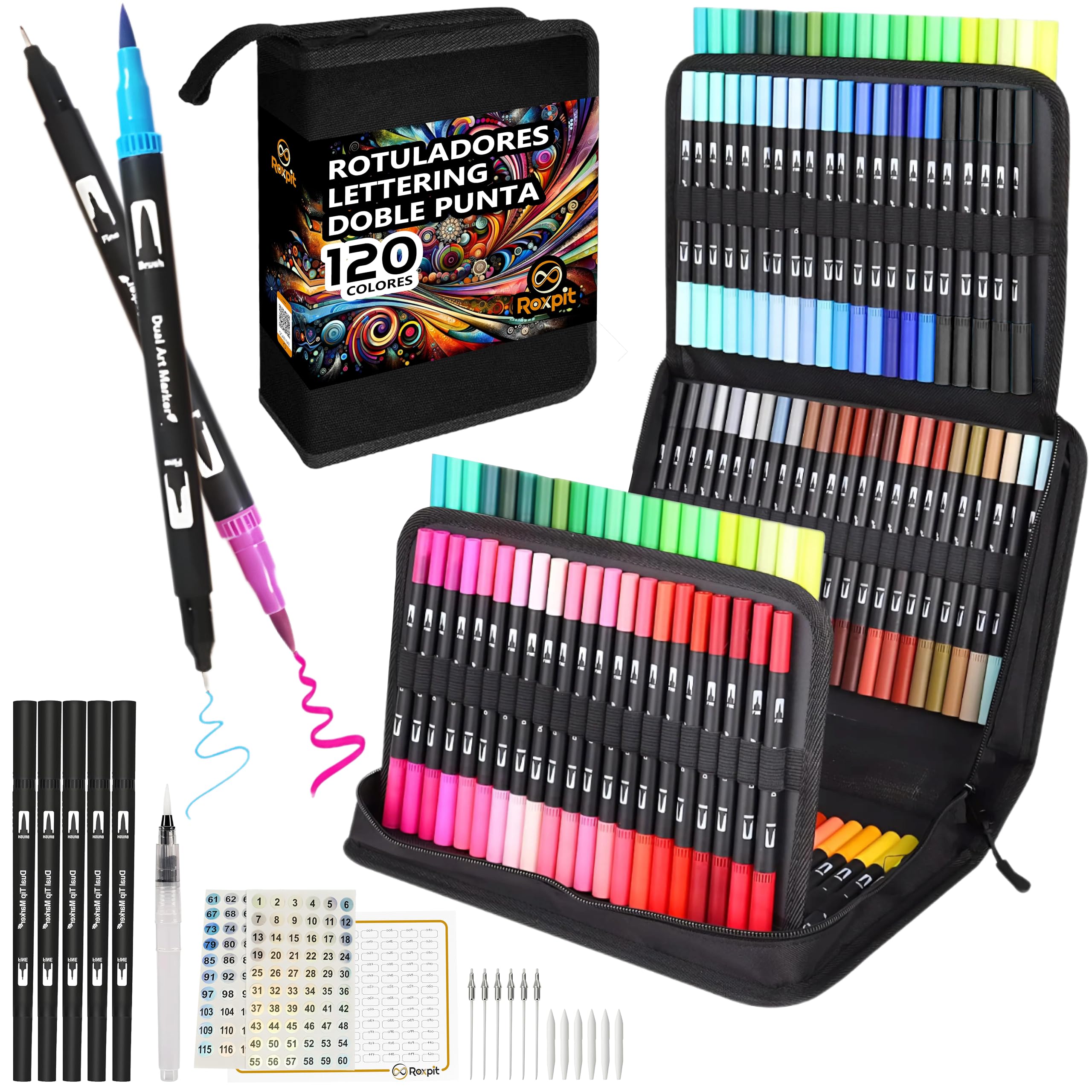 Rotuladores Lettering Doble Punta – 120 Colores Acuarelables con Punta Pincel y Fina, Incluye Blender, Recambios y Estuche | Guías y Mandalas Descargables | Para Dibujar, Colorear y Lettering
