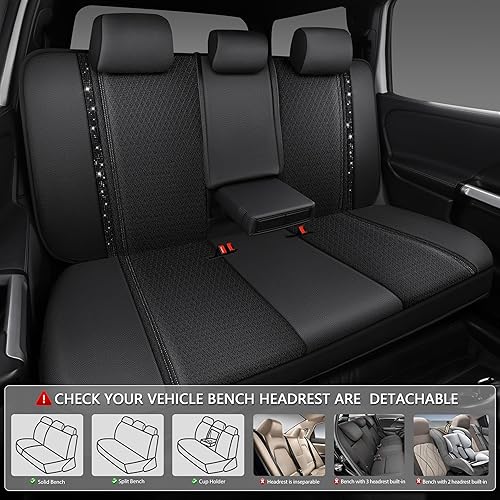Miniatura 80 de CAR PASS Funda de asiento trasero de cuero y diamantes de imitación brillantes, impermeable, diseño de diamante brillante, ajuste universal, tiras
