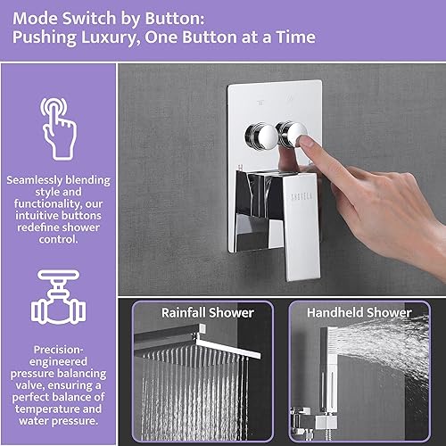 Miniatura 9 de Sistema de ducha cromado de montaje en pared con 4 chorros corporales, accesorios de ducha desviadores de botón con 2 en 1 de mano, cabezal de ducha
