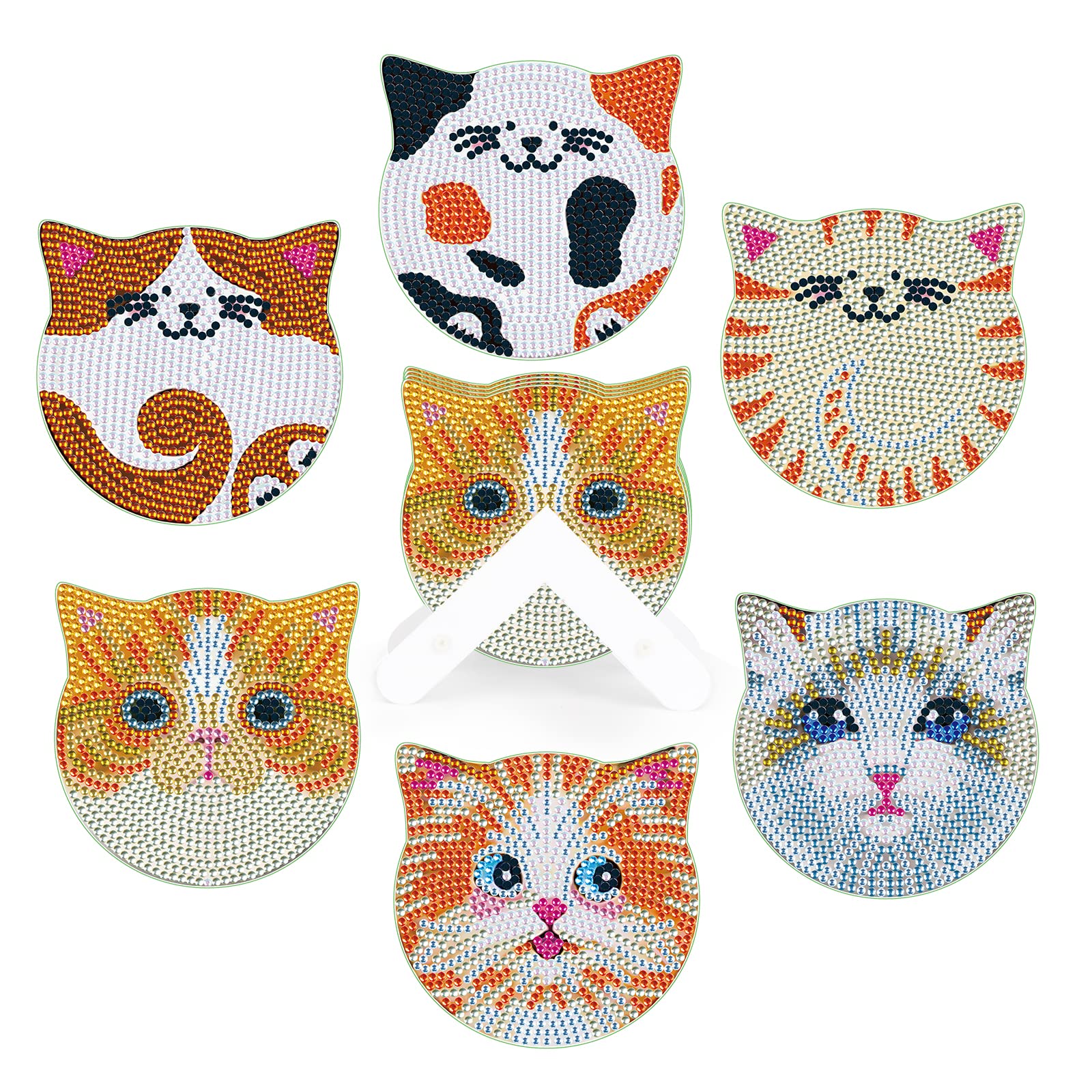 MVVMTOP 6 Pcs Diamond Painting Coasters with Dimensional Holder, DIY Cat Coaster Diamond Art Kits Non-Slip Coaster for Beginners, Adults Art Craft Supplies