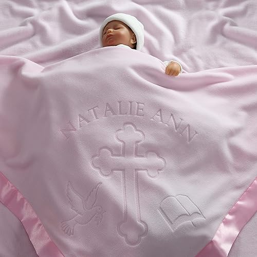 Miniatura 5 de Manta de regalo para bebés niños o niñas para bautismo. Diseño personalizado religioso cruz y biblia, Rosado