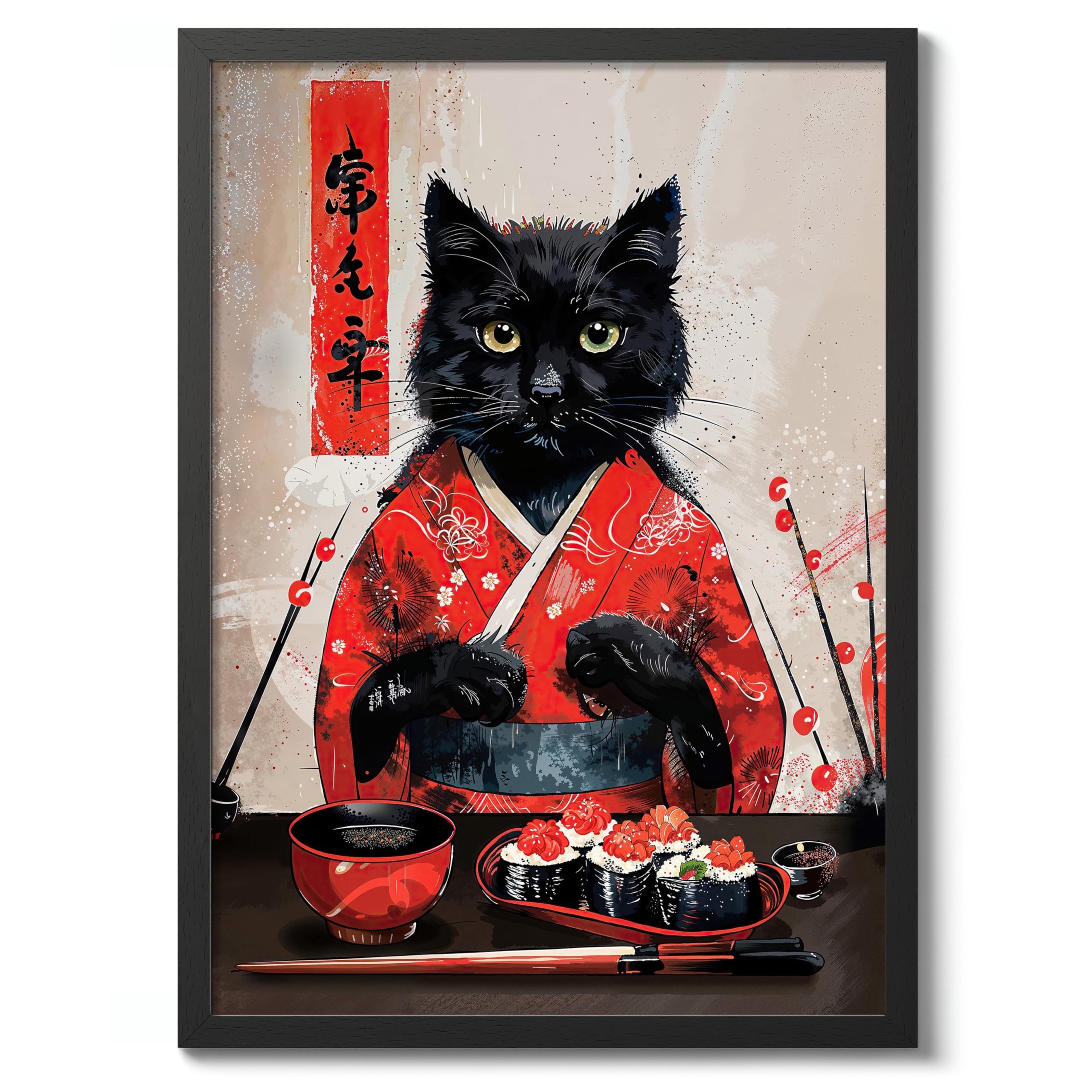 Sushi Cat Anime Woodblock Poster Modern Woodblock Print, Cartoon Manga Kitten Wall Art Decor, Modern Japanese, Cat Lovers, 50x70cm (Black Frame) - 53x73cm