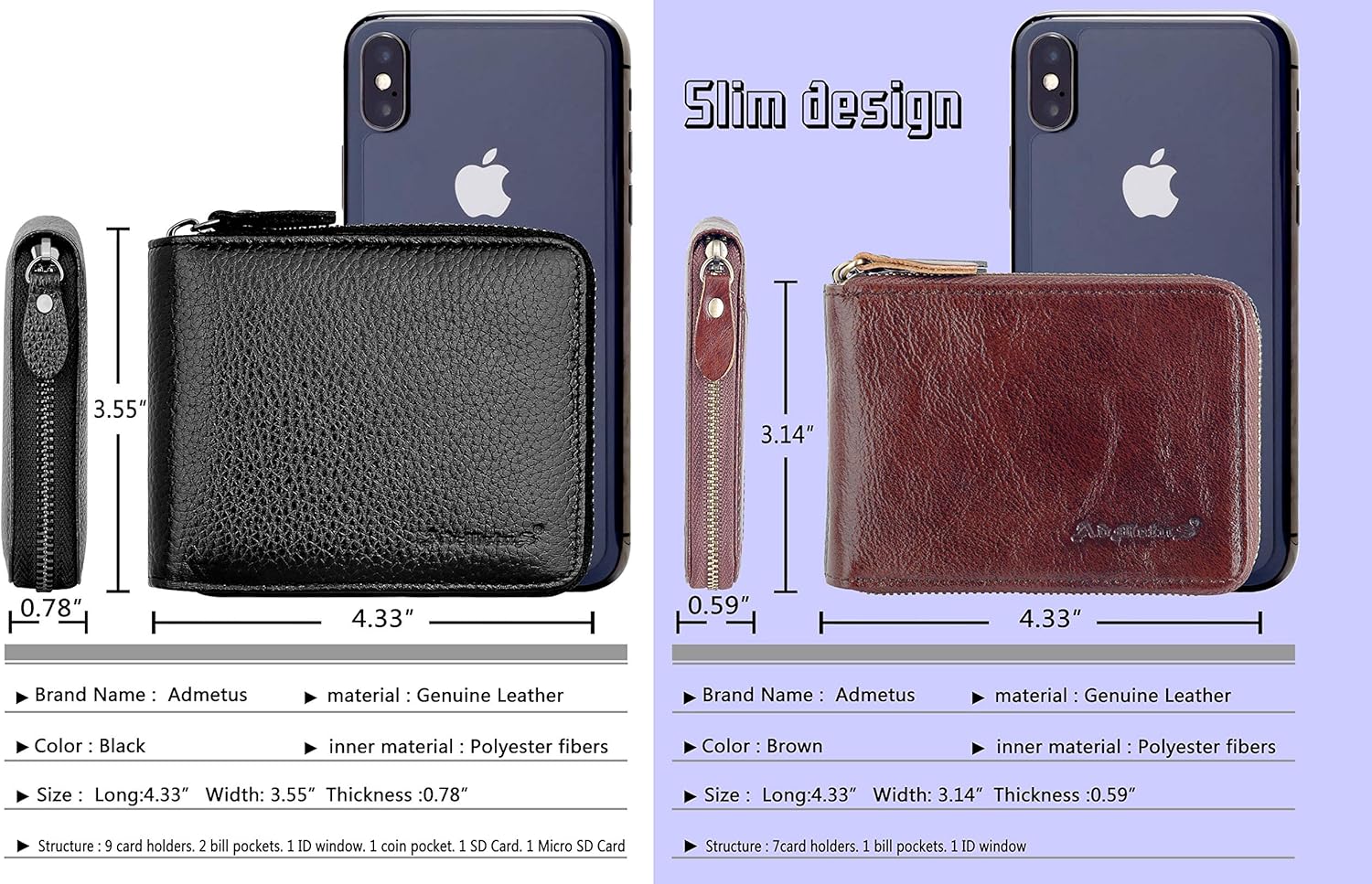 Admetus Men's Zipper Wallet Leather Bifold Wallets Slim RFID Blocking Zip Around Credit Card Holder Compact Small Wallet - Image 5