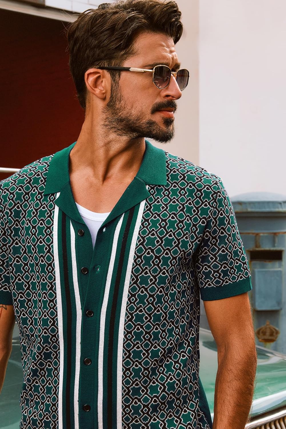 PJ PAUL JONES Men's Vintage Button Down Cuban Collar Knitted Polo Shirt - Image 3