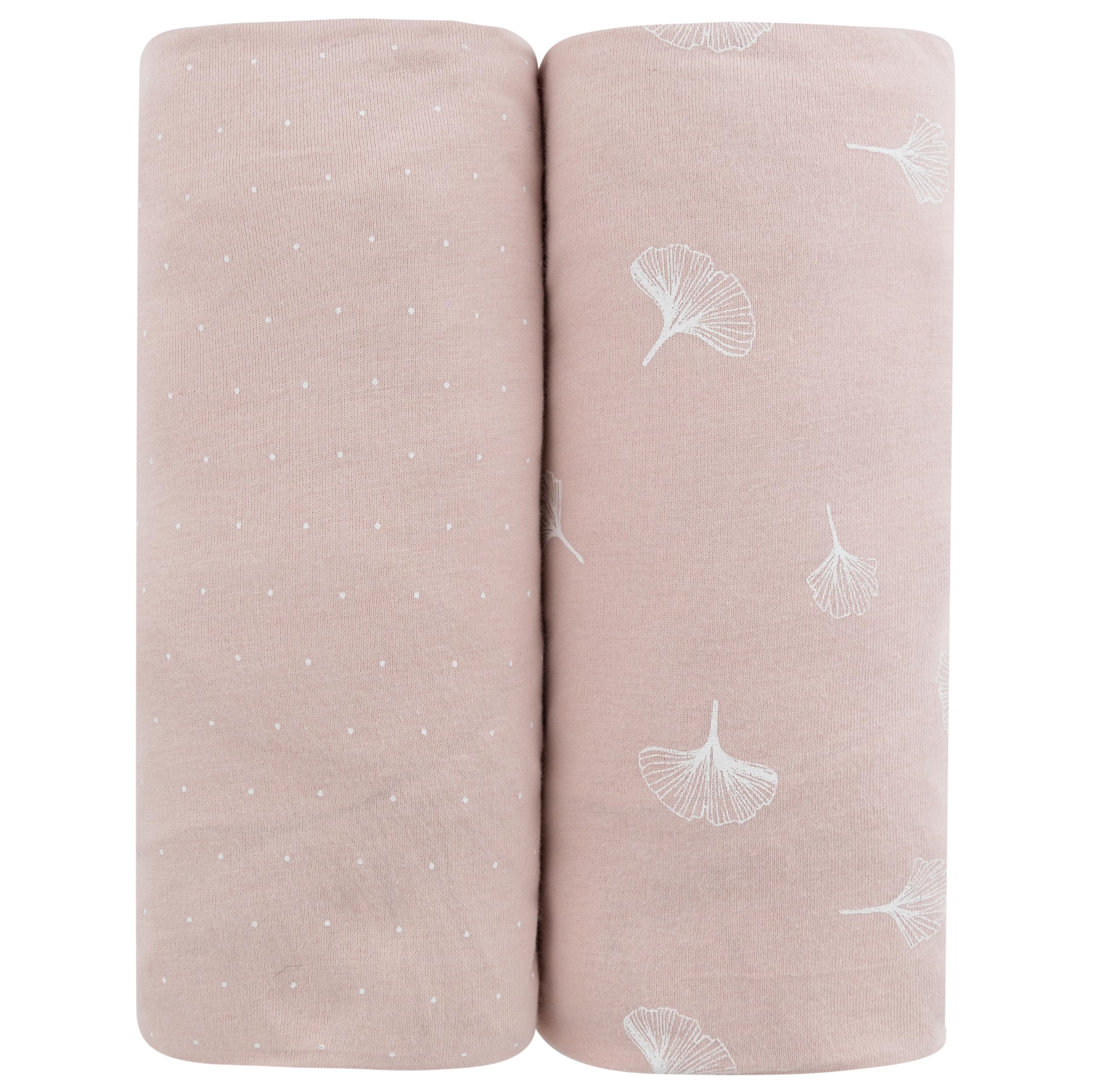 Ely's & Co. Juego de 2 sábanas para cuna, peinadas, 100% algodón jersey para niña, rosa agua de rosas, lunares y hojas de gingko, 52 x 28 pulgadas