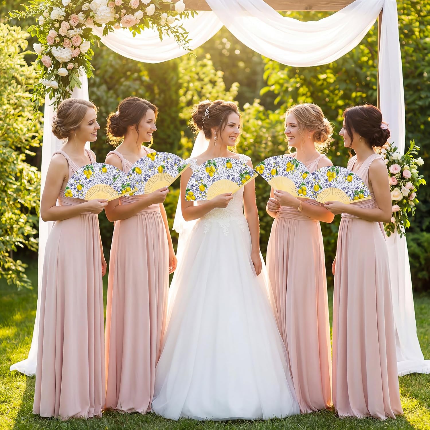 15Pcs Lemon Paper Fans with Bags and Cards Folding Handheld Fans Wedding Favors for Guests Mediterranean Bridal Shower Decor