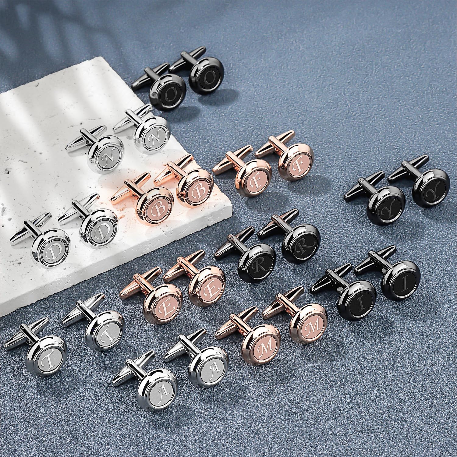 AMITER Mens Cufflinks with Initial A-Z, Classic 26 Letters Cuff Links for Men Business Wedding Shirts - 3 Pairs (Silver + Black + Rose Gold) - Image 5