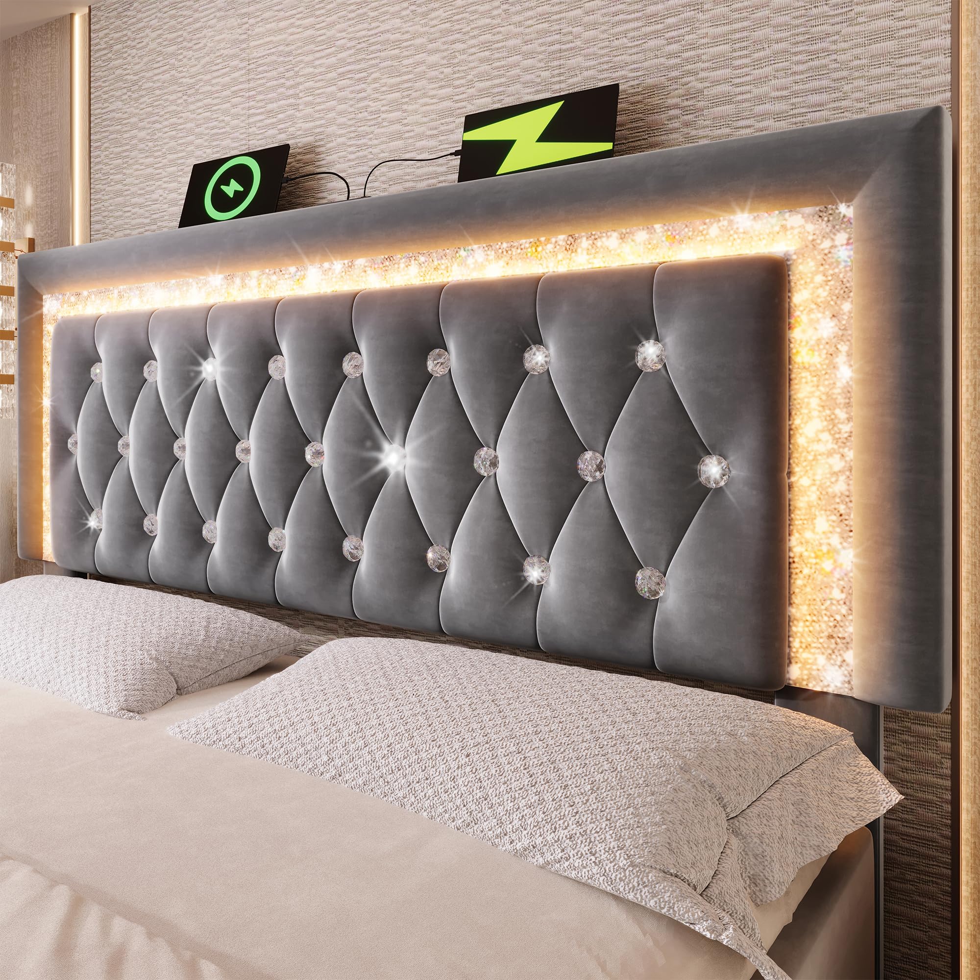 Łóżko tapicerowane 180 x 200 cm, aksamitne łóżko podwójne z paskami diamentowymi LED, stacja ładująca USB & Type-C, hydrauliczne łóżko do przechowywania, nowoczesne łóżko młodzieżowe ze