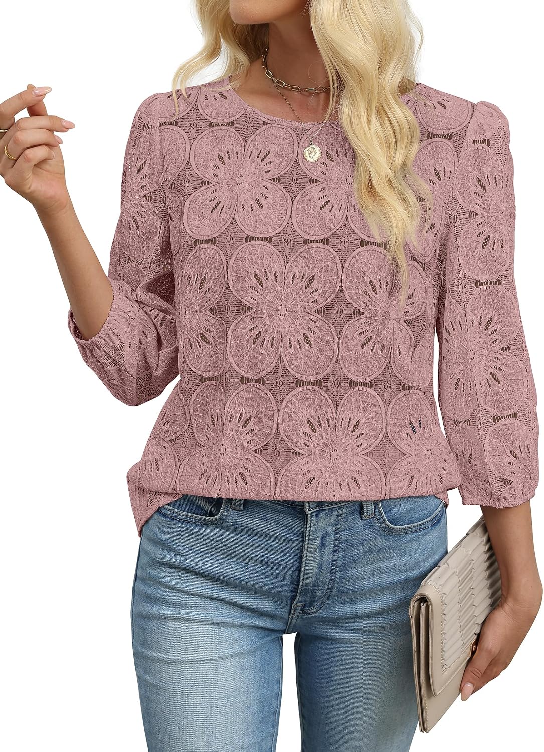 Sampeel Women Blouses Dressy Casual 3/4 Length Sleeve Tops Eyelet Lace Spring Summer Shirts Beach Vacation Clothes thumbnail