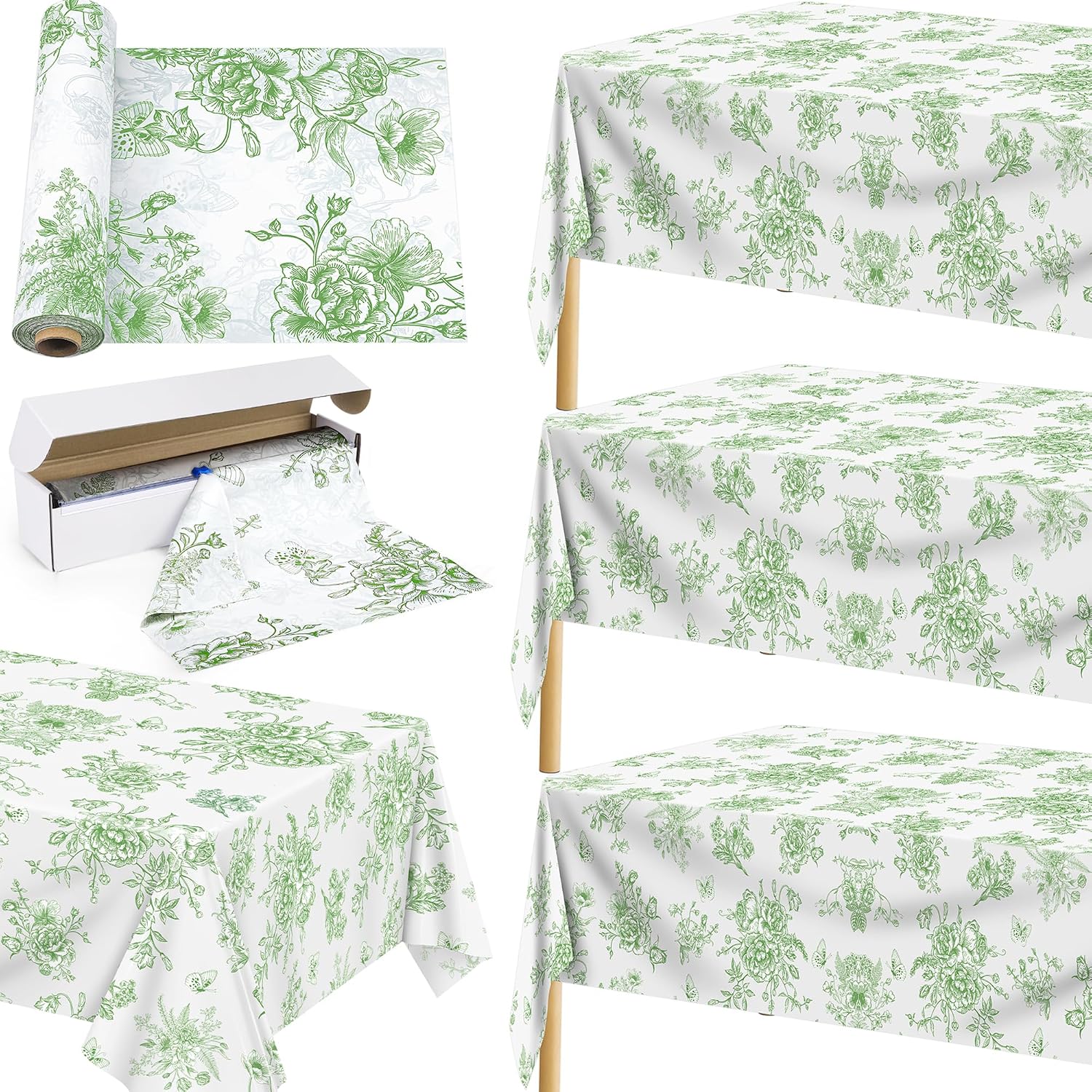 Kochorie 100 Ft x 54 Inch Floral Plastic Tablecloth Roll with Cutter Box Floral Tablecover Vintage Rectangle Table Cover Disposable Spring Flower Table Decor for Wedding Party