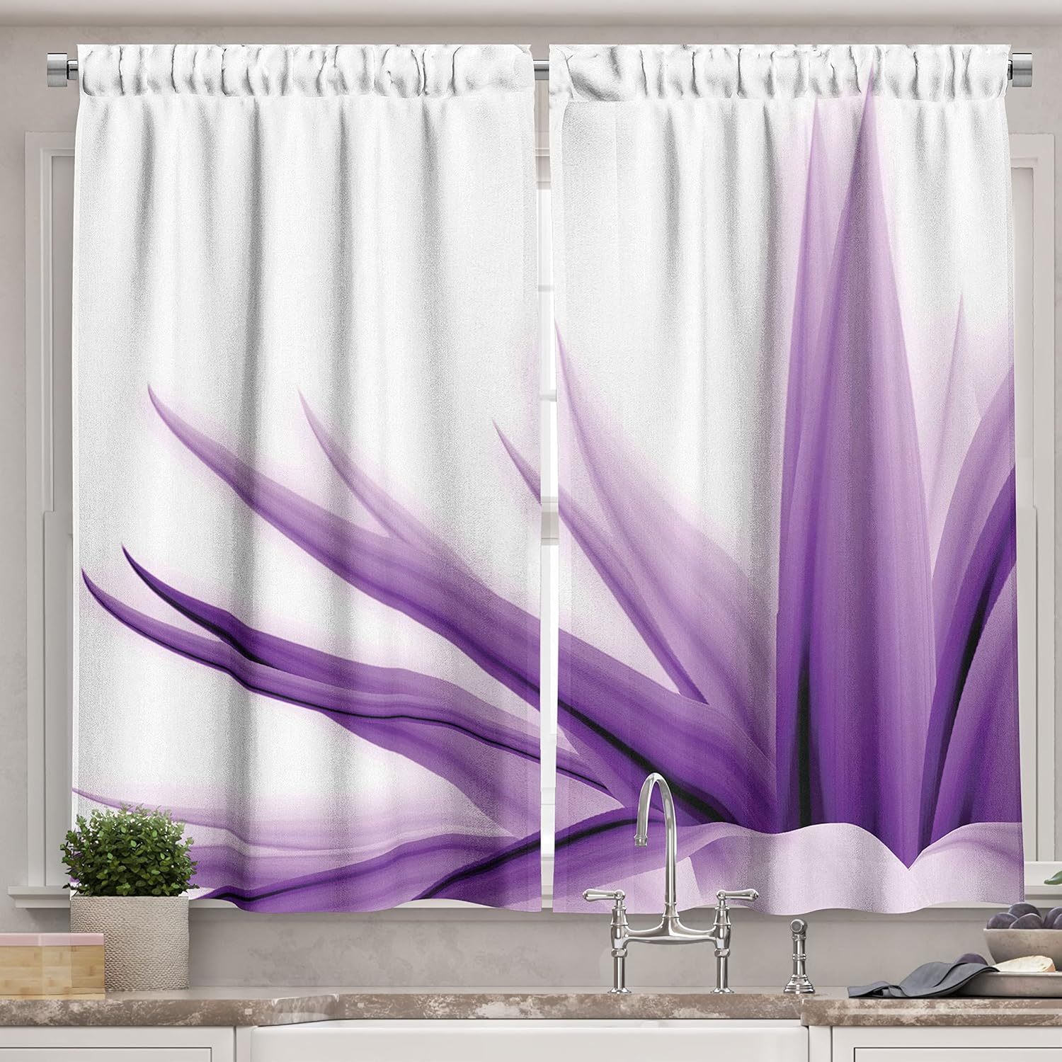 Ambesonne Flower Long Kitchen Curtains, Ombre Color Change Style Leaves Water Colored Print Calming Details Image, Two Panels Drapes with Rod Pocket Room Decor, 55" x 45", Purple White