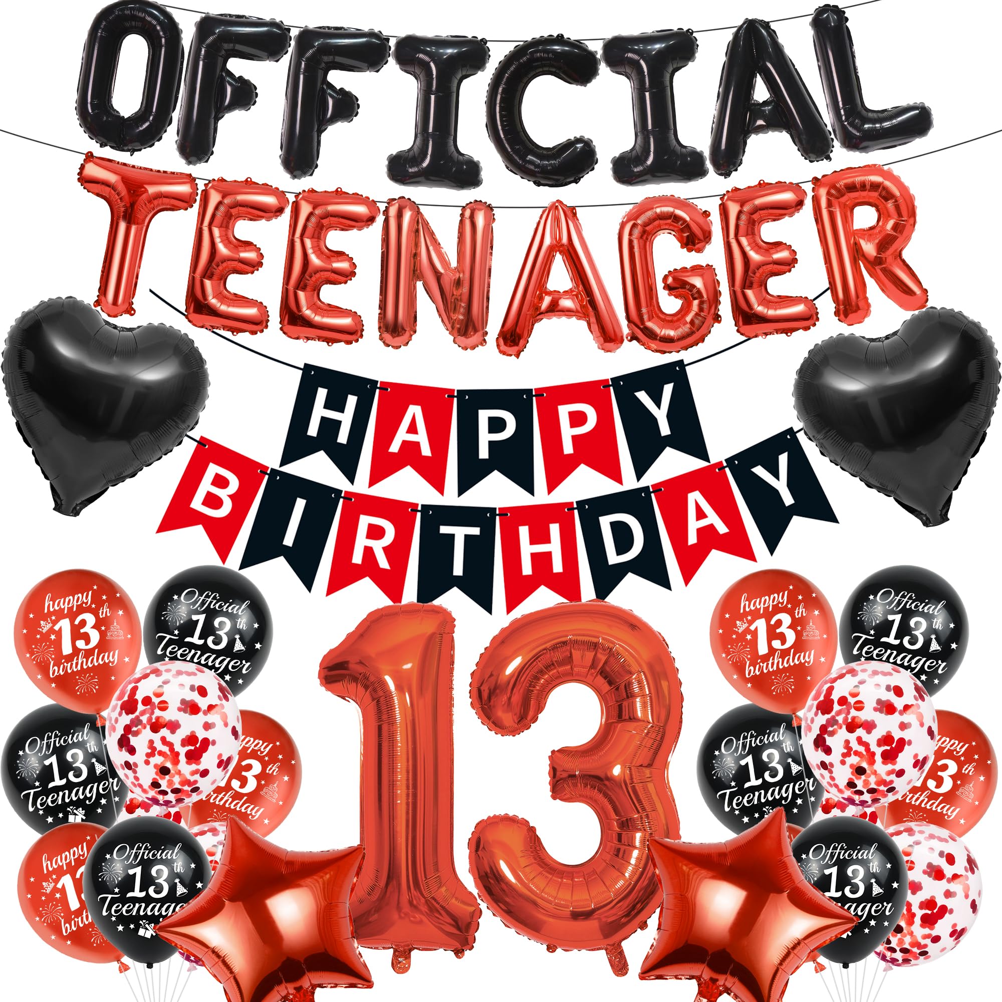 13th Birthday Decorations Banners Boy - 41 Pcs Black and Red Happy Birthday Banner Decoration Official Teenager Number Heart Star Foil Balloons for 13 Years Old Boys Party Decor Supplies