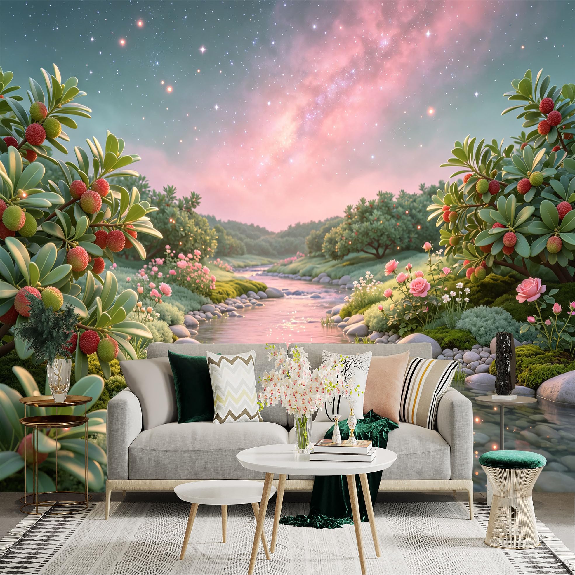 Lnzczhyre Bh260719070 Custom Size Wall Sticker Mural， Dreamy Fruit Garden， Sparkling River， Pink Night Sky， Glowing Stars， For Wall Decoration， Peelandstick Wall Decals.