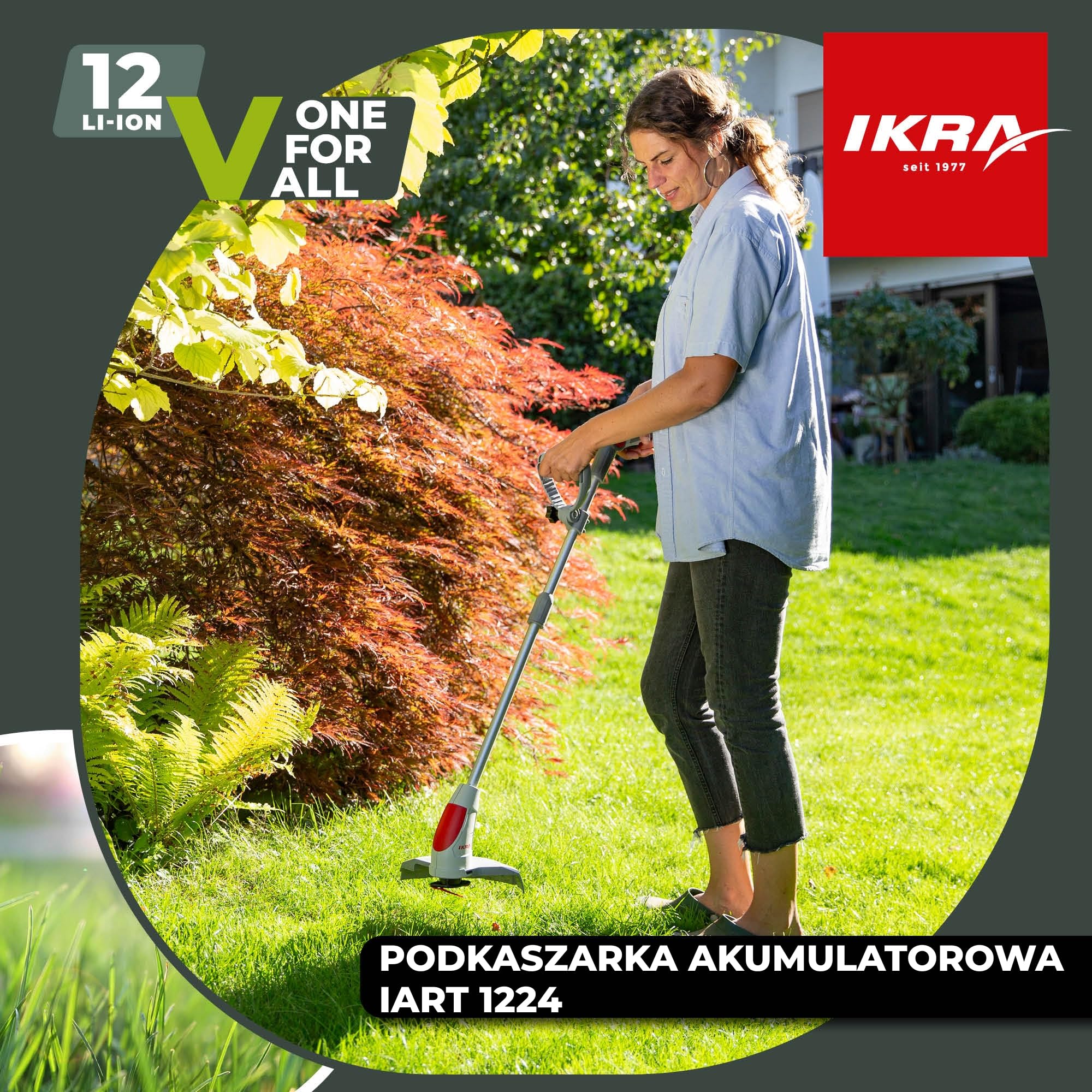 IKRA Podkaszarka IART 1224 z akumulatorem, ładowarką i 20 ostrzami | Lekka:1,5 kg,szerokość cięcia 24 cm,uchwyt 4-stopniowy,kompatybilna z rodziną akumulatorów IKRA 12 V