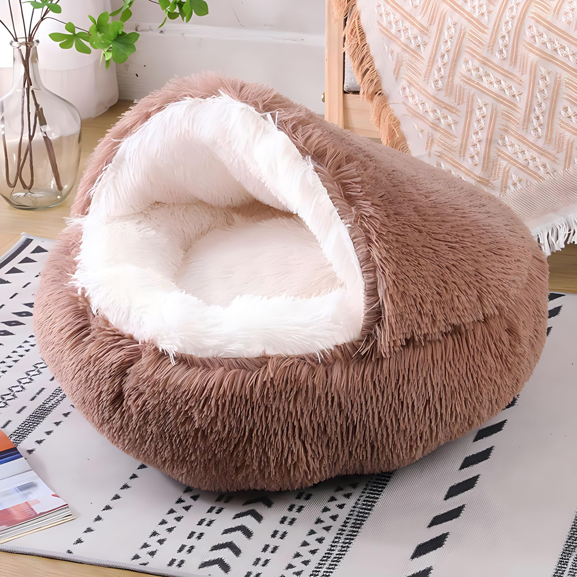 Yuly Panier Chat, Panier pour Chien, Semi-fermé, Coussin Apaisant pour Chats, Lit Moelleux en Peluche pour Animaux, Canapé, Lavable et Anti-anxiété, Antidérapant (Café)