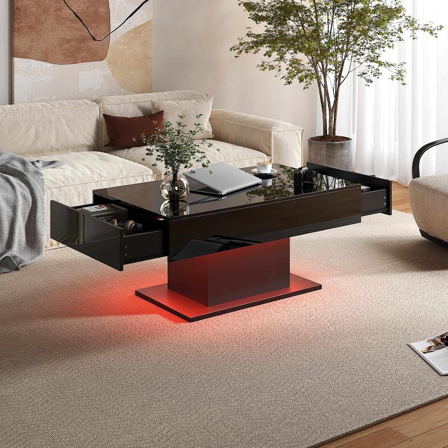 Black Led Coffee Table with 2 Storage Drawers for Living Room, Living Room Table Rectangular Center Table, Modern High Glossy Wooden Coffee Tables with Lights for Dining Reception Room