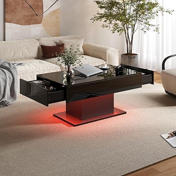 HedoAjim Black Led Coffee Table with 2 Storage Drawers for Living Room, Living Room Table Rectangular Center Table, Modern High Glossy Wooden Coffee Tables with Lights for Dining Reception Room
