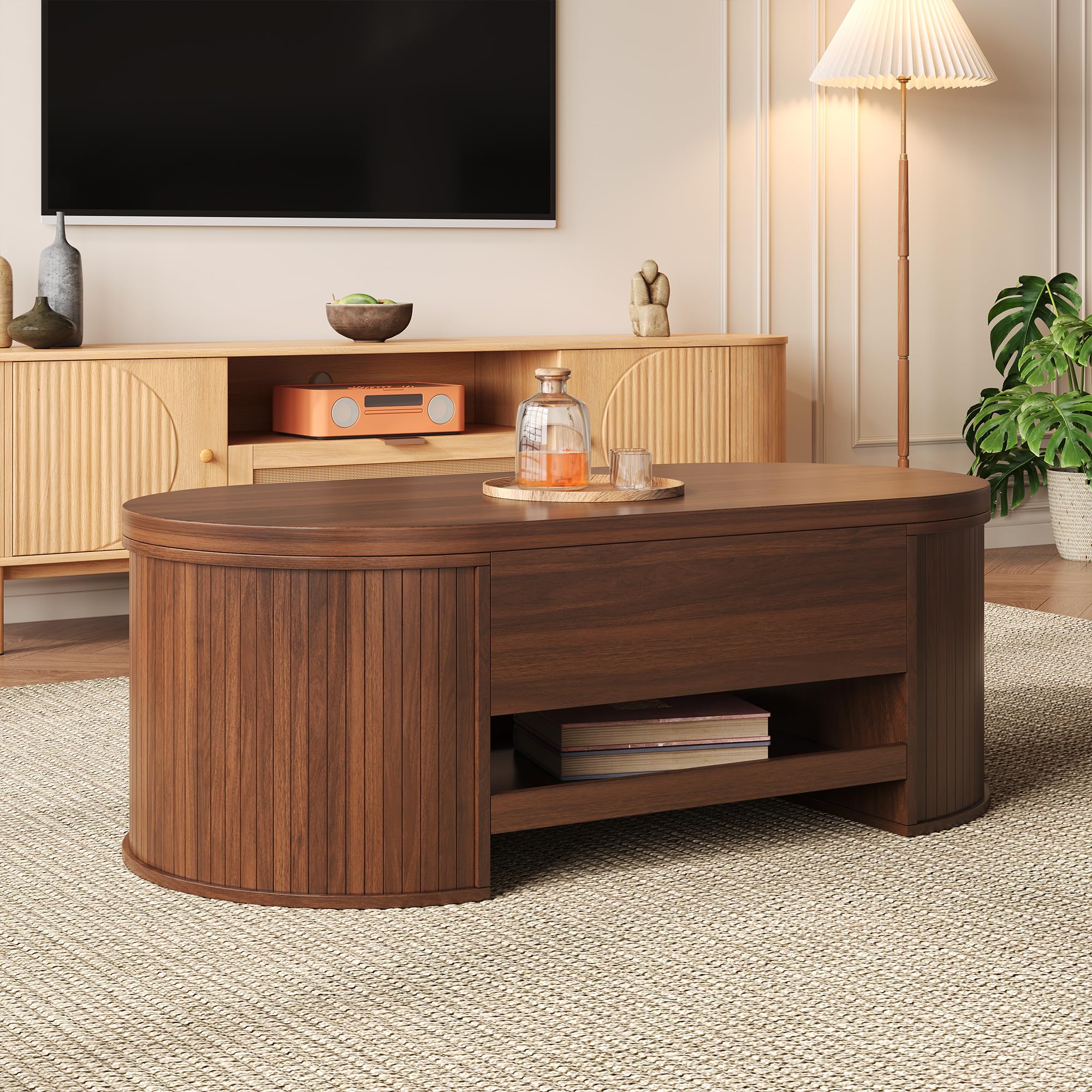 Mesa de centro elevable, mesa de centro con lados curvos de madera, estante extraíble, tablero elevable, mueble de salón multifuncional (nogal)