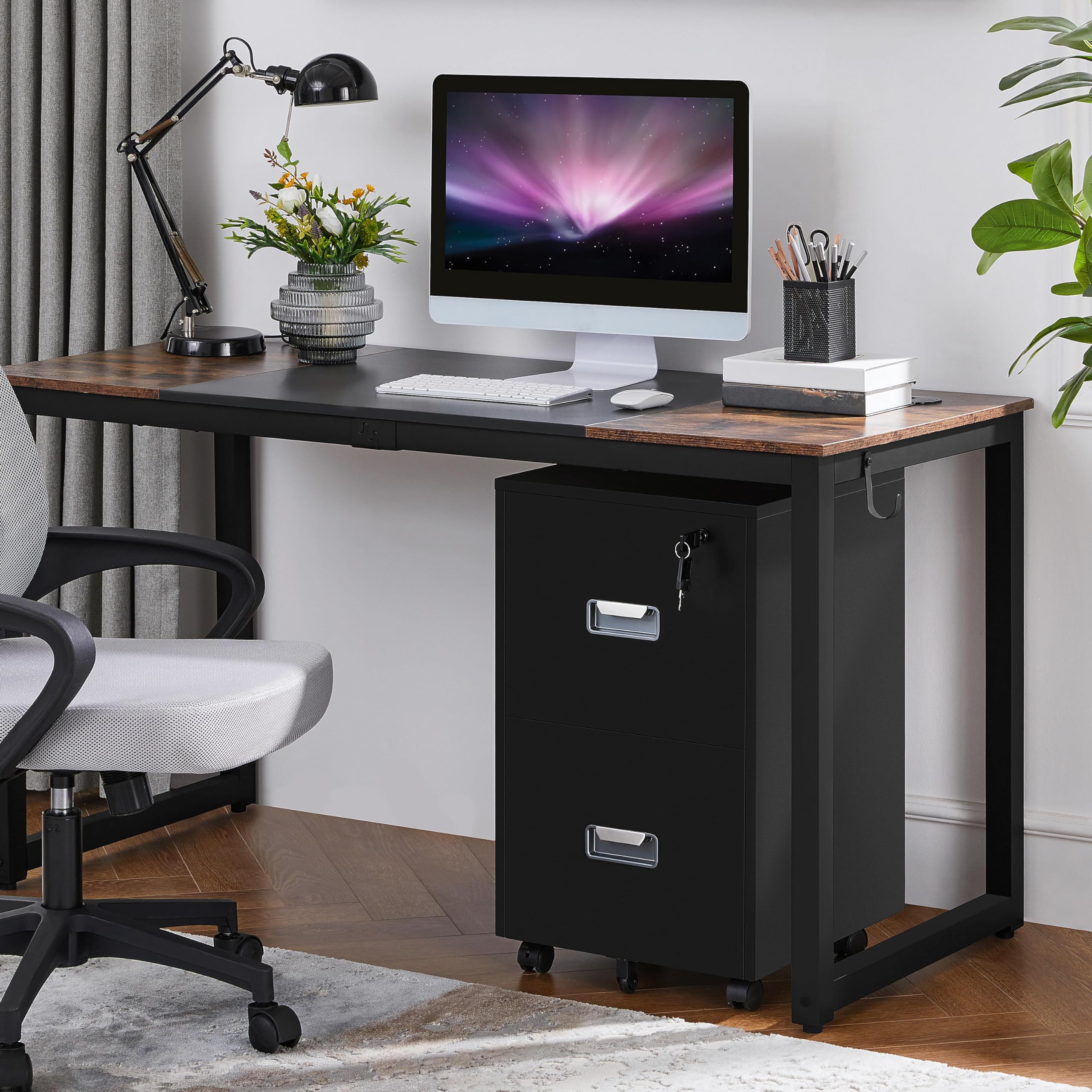 Yaheetech Cassettiera da scrivania con ruote, cassettiera da ufficio con 2 cassetti, serratura raccoglitore estraibile, mobile da ufficio, per cartelle/A4 40 x 40 x 65 cm, nero