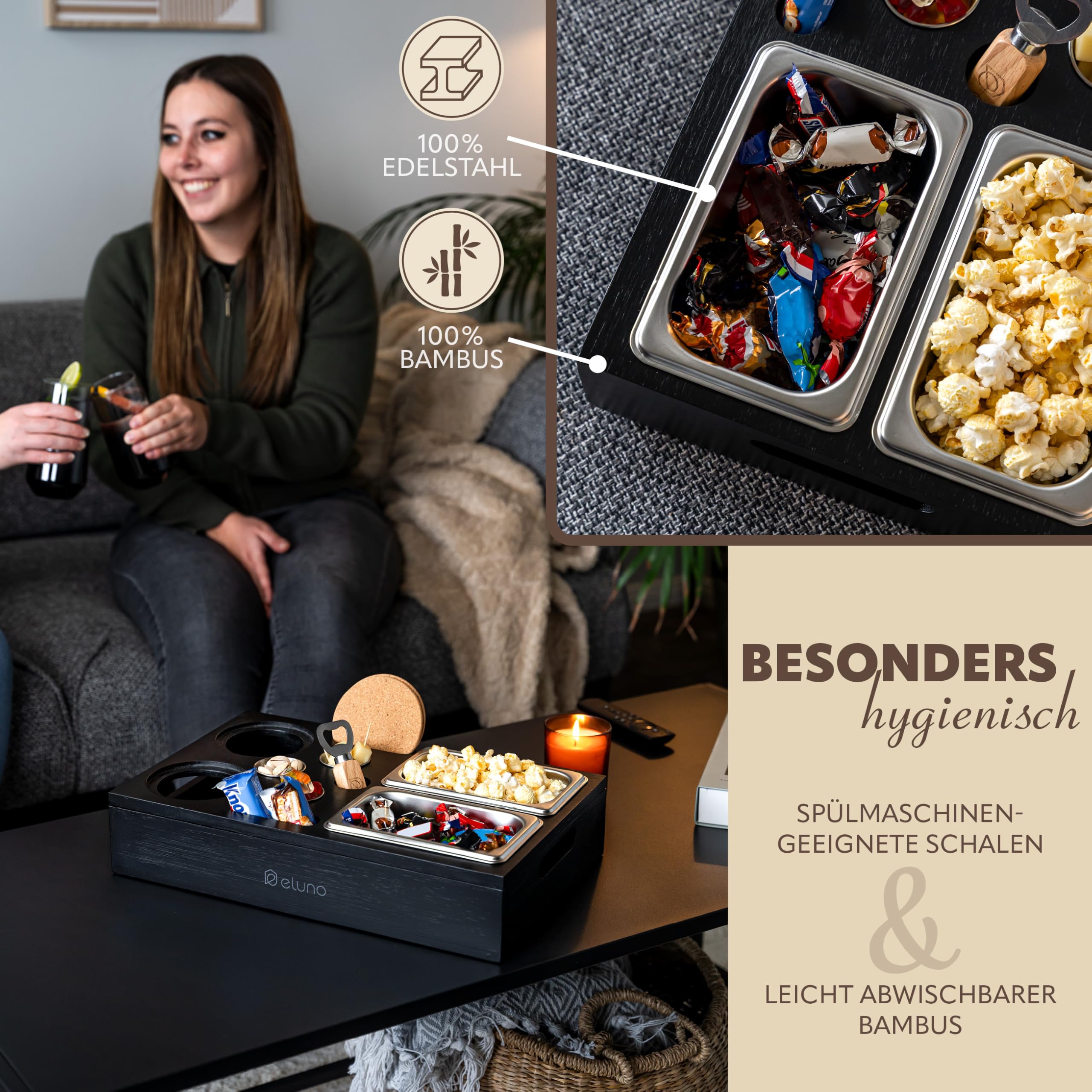 eluno Couchbar mit abnehmbarem, magnetischem Deckel, Serviertablett, inklusive 2 Snackschalen, 3 Dipschälchen, 2 Getränkehalter mit Korkuntersetzer,1 Flaschenöffner aus Bambus (Schwarz)