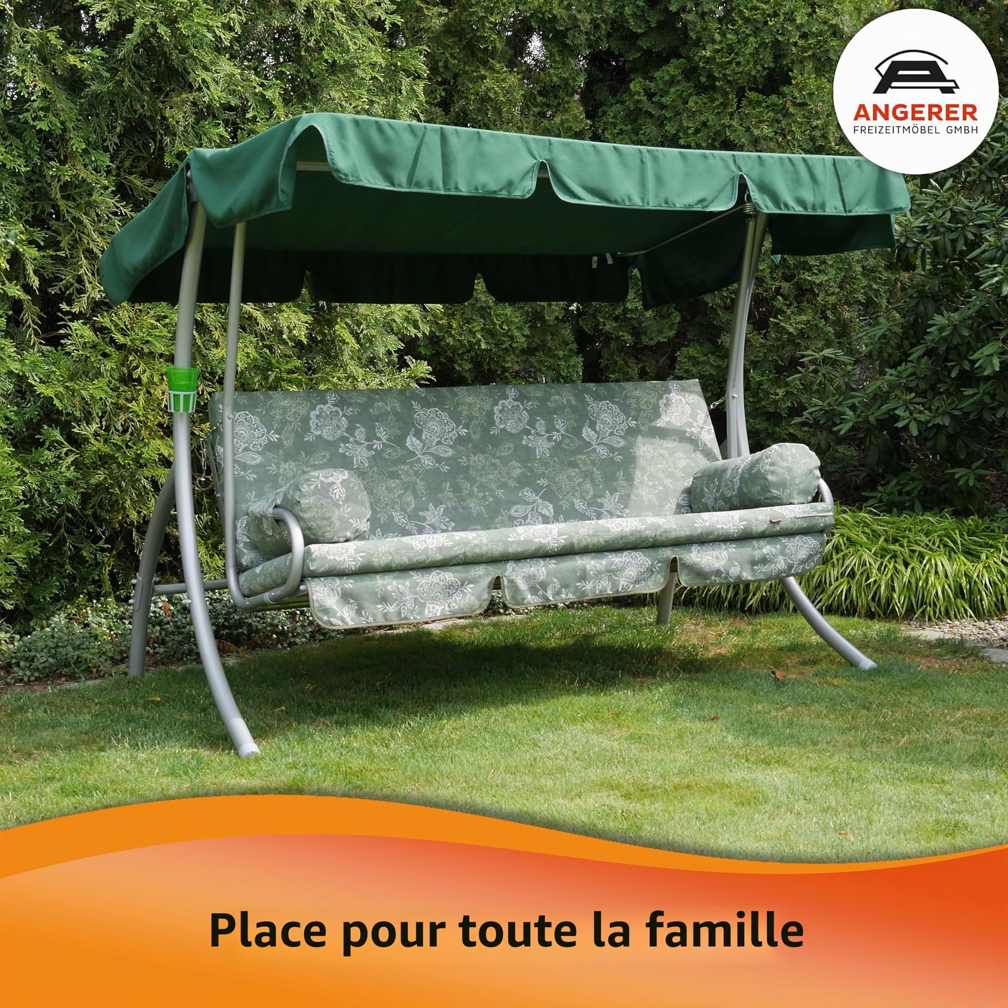 Angerer Balancelle de Jardin Trend, 3 Places Convertible en Lit, Acier Galvanisé, Toit Ajustable, Coussins Lavables, Capacité 270 kg, Fabriqué en Allemagne (Vert uni)