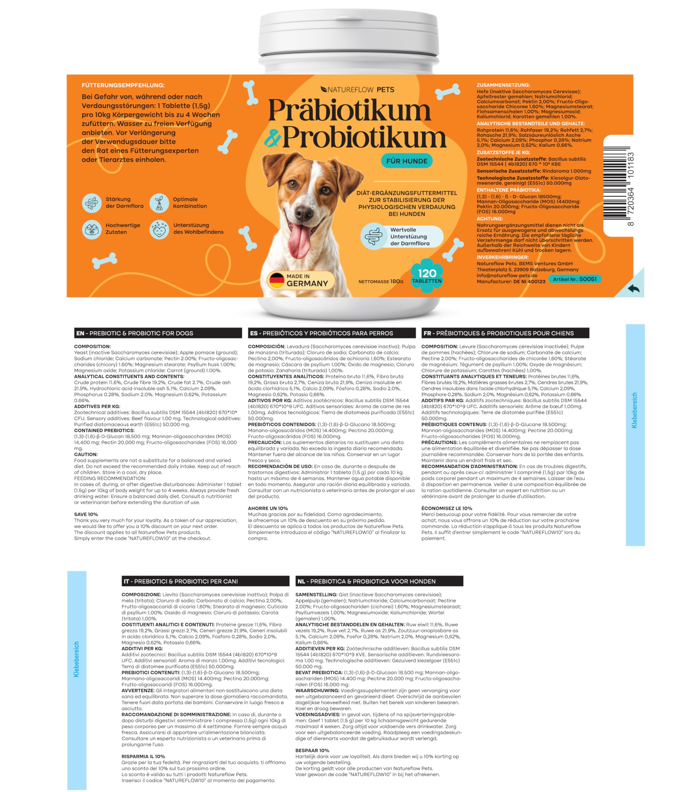 Probiotici Cani – Integratore Digestivo Naturale – Probiotici Cane per Salute Intestinale – Benessere Quotidiano con Probiotici per Cani BAU – 120 Compresse