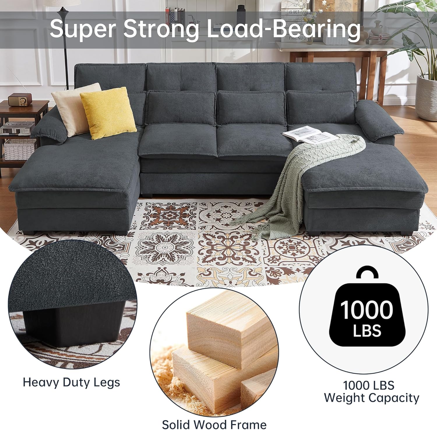 110" Comfy Cloud Couch Sectional Sofa with Lumbar Pillows, Modern U-Shaped Cloud Sofa with Double Chaise & Deep Seat for Living Room, or Office, Easy Assembly, Dark Grey