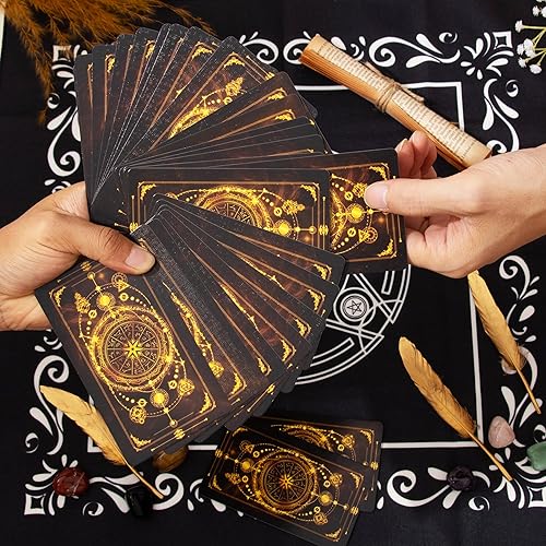 Miniatura 9 de Tarjetas de tarot con libro guía, juego de 78 barajas de tarot negro con mantel, piedras de chakras, bolsa de terciopelo y más, juego de cartas de