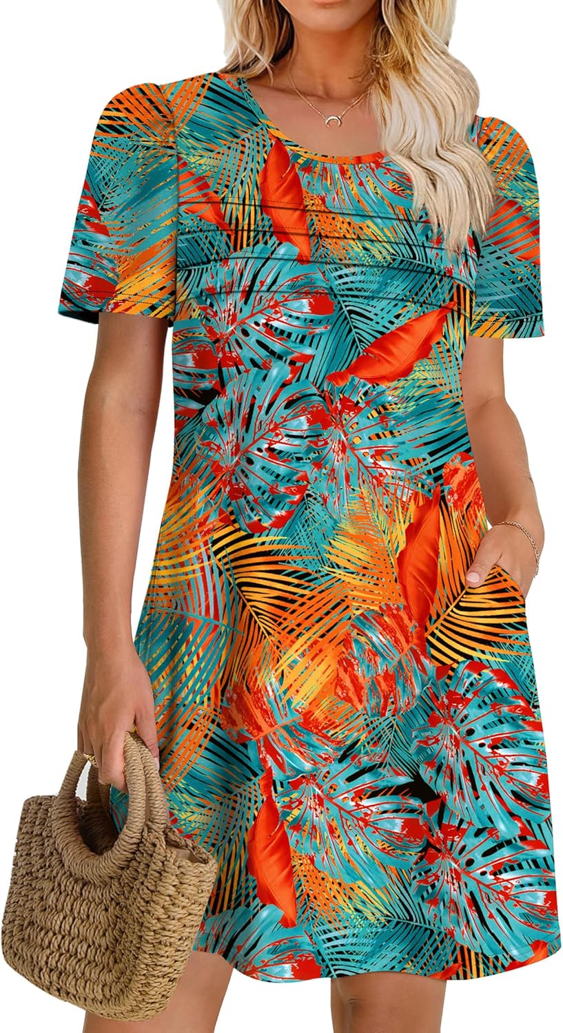 OFEEFAN Womens Pleated Front Dresses Fashion Spring Puff Sleeve Pockets Sundress Casual Summer - Image 2