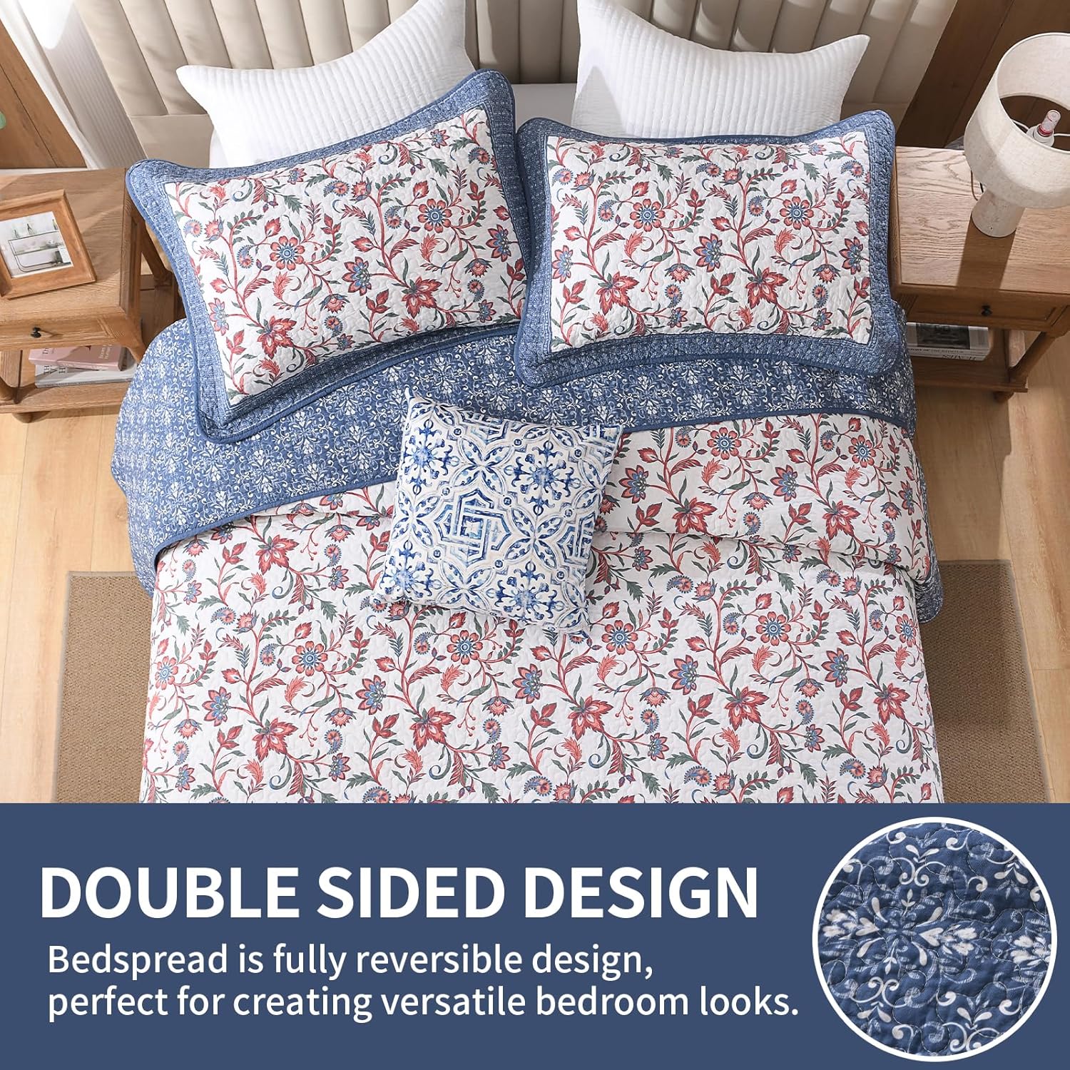 SahSahCasa 100% Cotton 120"x102" Oversized Bedspread Coverlet Quilt Set, Oversized Queen Quilted Bedspread Reversible Extra Large Quilt, XL Bed Spread Lightweight Comforter, 3pc, Navy/Red