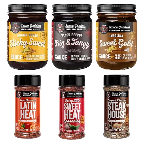 Sauce Goddess - Chef’s Sampler - 3 BBQ Sauces & 3 Seasonings - Bold, Sweet, Tangy & Spicy - Award-Winning, Gluten-Free Grilling Gift Set - 6-Pack