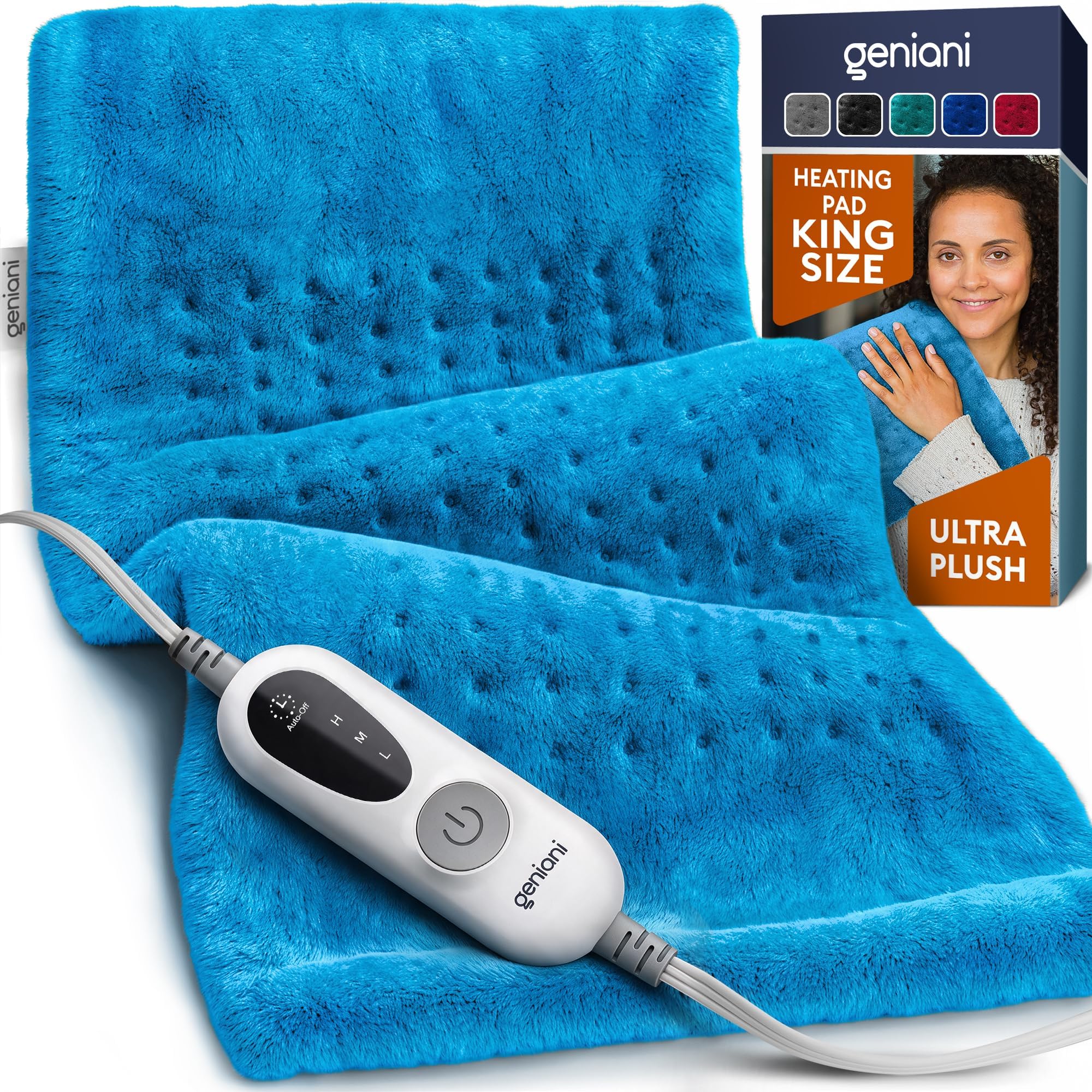 GENIANI Electric Heating Pad for Back Pain & Cramps Relief, Electric Throw, Self Care Gifts for Women, Heating Pad for Neck & Shoulder, Machine Washable Microplush, Auto Shut Off (12×24", Aqua Blue)