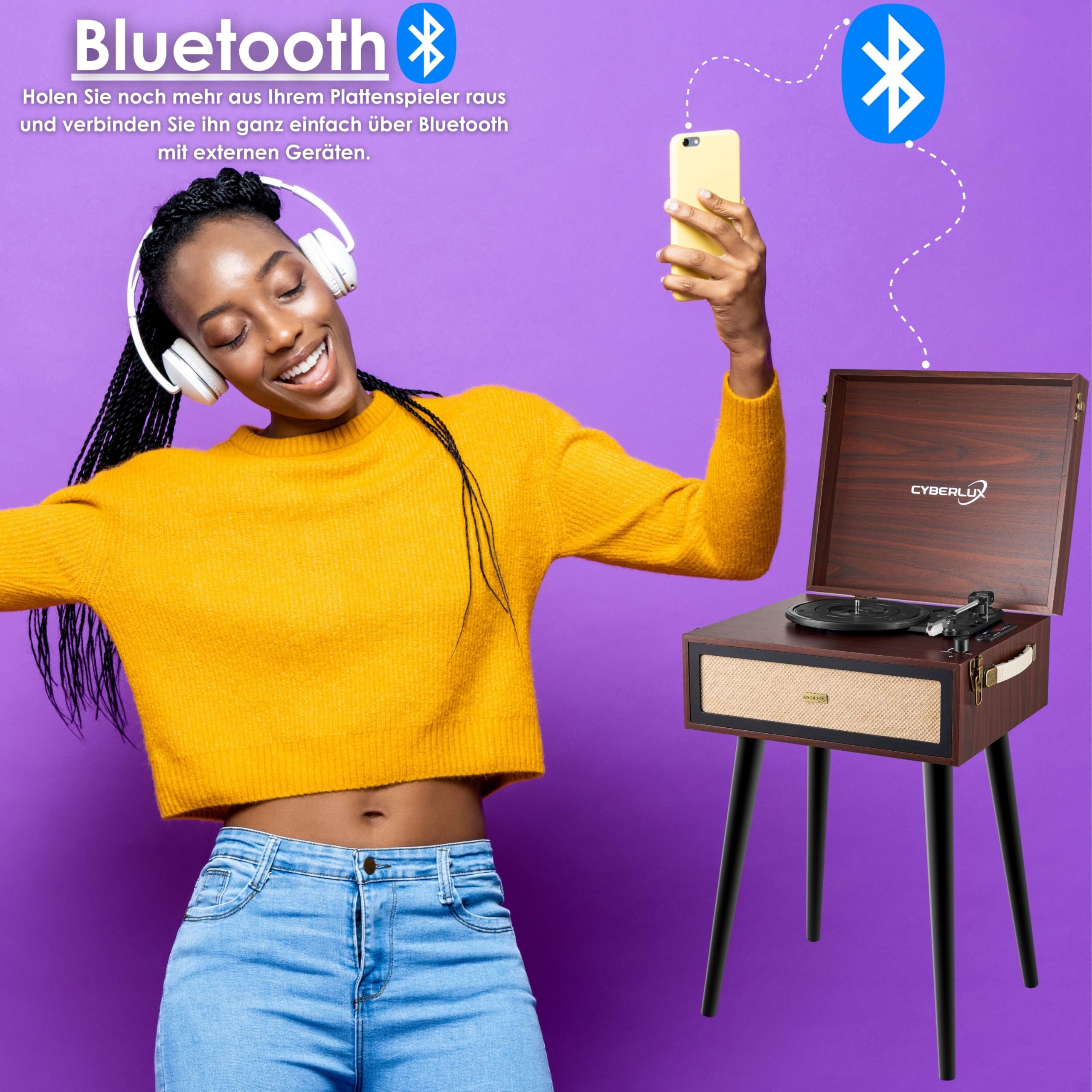 Tourne-disque rétro avec support et haut-parleur Full Range Bluetooth, radio FM, USB, entrée AUX IN, fente micro SD, tourne-disque vinyl nostalgique, tourne-valise avec pieds