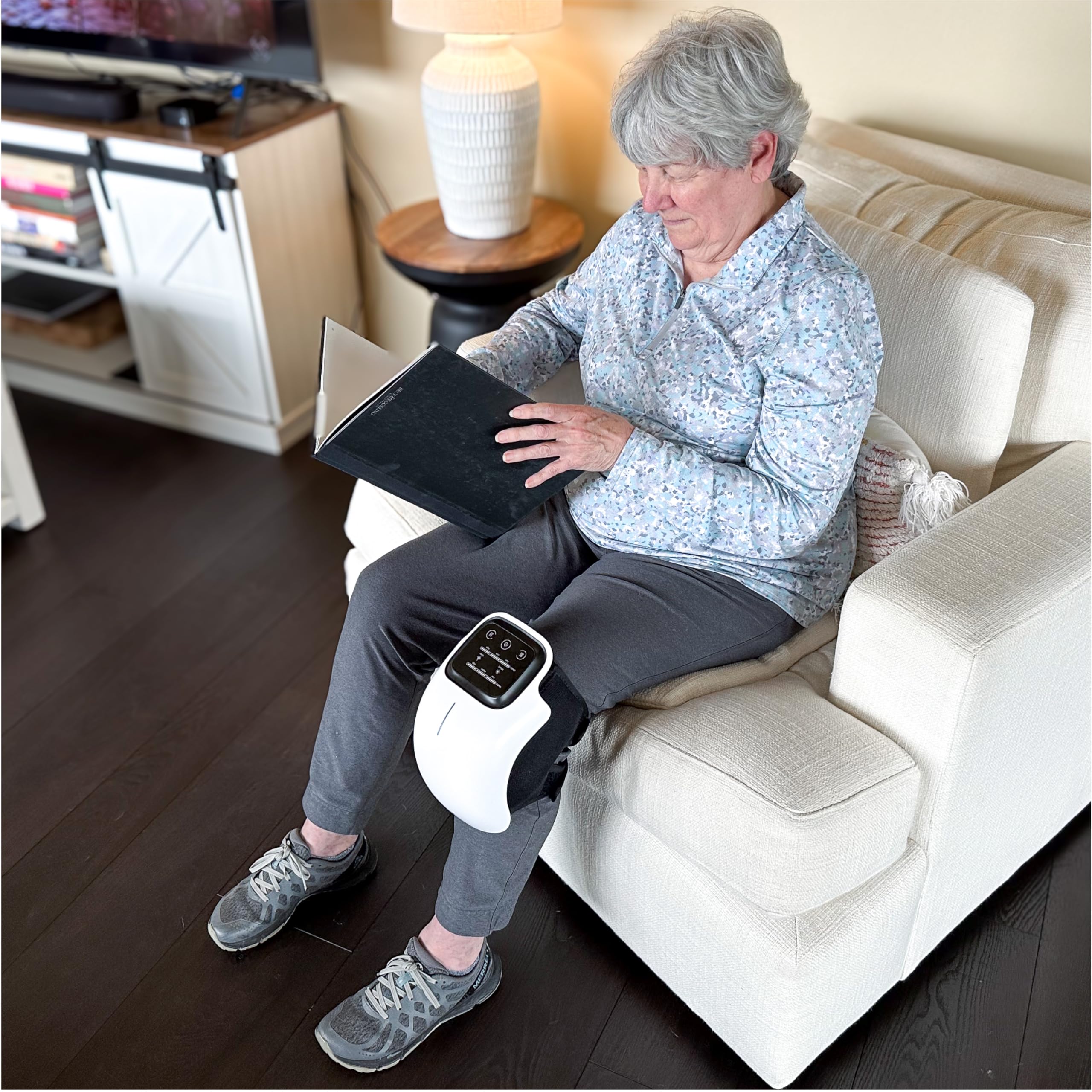 PhysioFlex - Masajeador de articulaciones inalámbrico, para rodilla, hombro y codo, 3 niveles ajustables de calor y vibración, terapia de luz roja, pantalla táctil LED, alivia el dolor en las