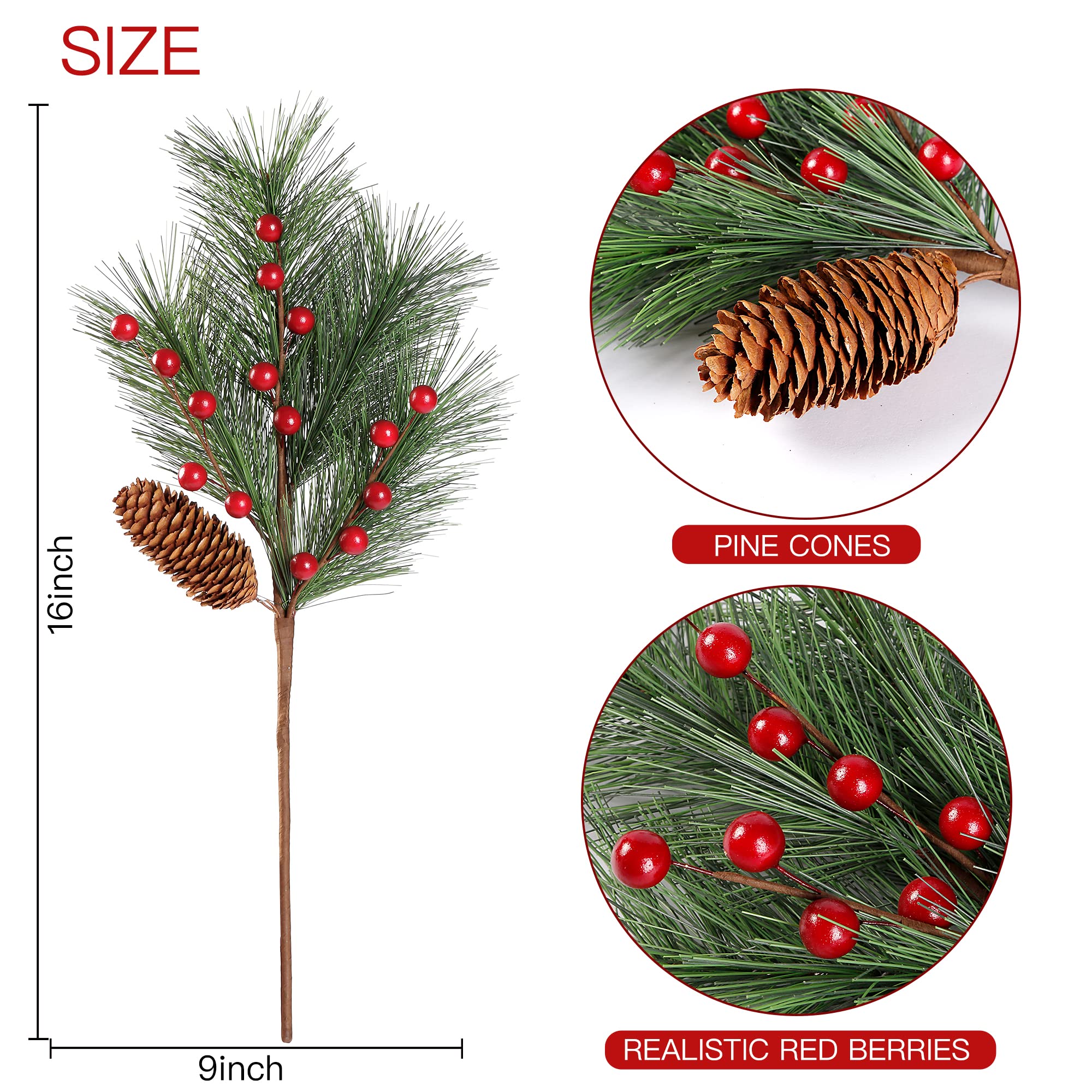 Sggvecsy Weihnachtsbeeren, Tannenspieße, künstliche rote Beeren, Tannenzweige mit langen künstlichen Tannenzapfen für Weihnachtsbaum, Kranz, DIY, Handwerk, Blumenarrangement, Weihnachtsdekoration, 5
