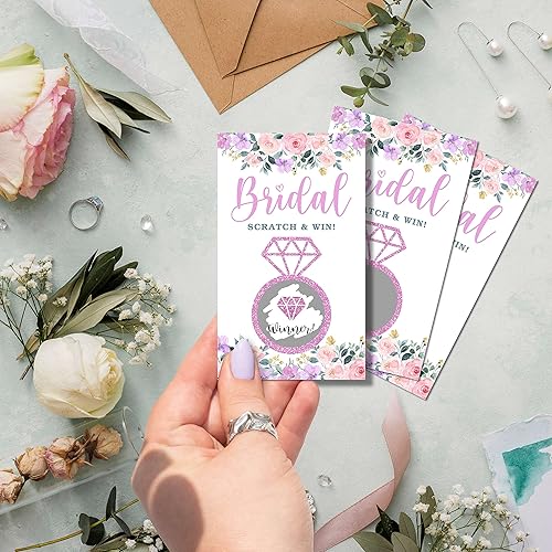 Miniatura 4 de Tarjetas de juego para raspar para despedida de soltera, boletos de lotería de rifas nupciales florales moradas, juego de fiesta para raspar para