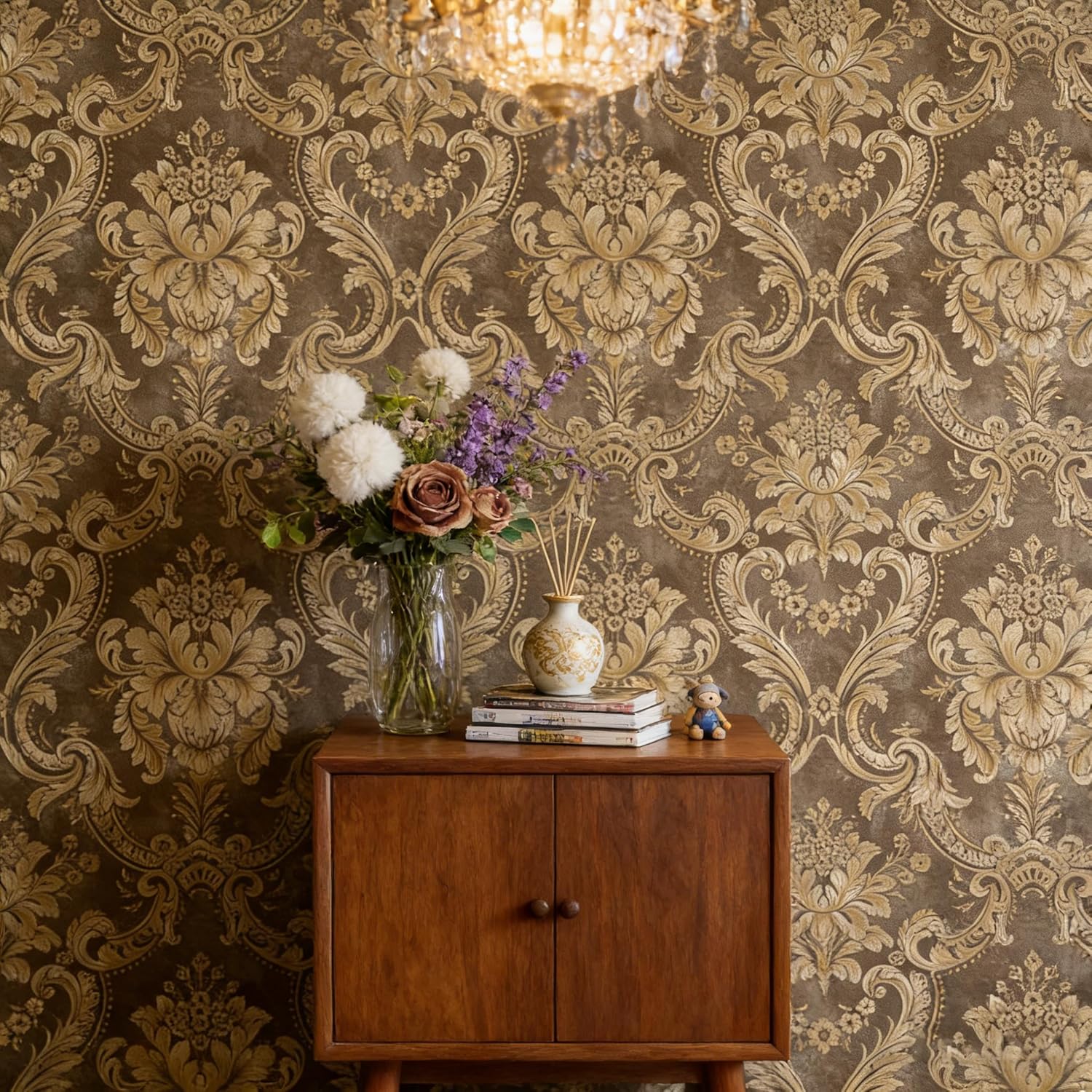 Vintage French Damask Peel and Stick Wallpaper Grayish Brown Thickened Removable Self Adhesive Wall Paper Design for Walls Bathroom Bedroom Home Decor 17.7in x 118in Renter Friendly Wallpaper