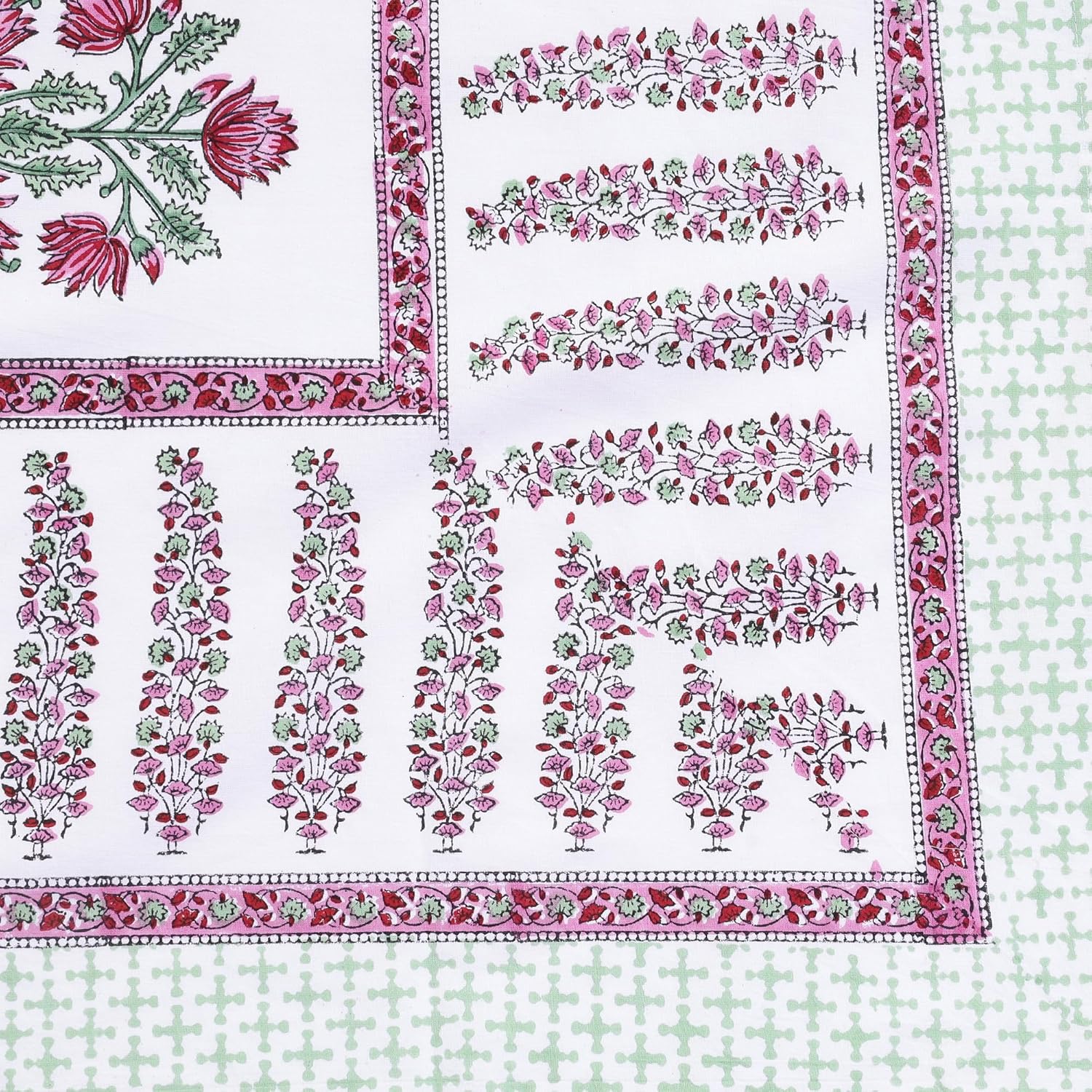 Tablecloth 100% Cotton 60 x 90 Inch Rectangular Indian Block Print Table Cover, Hand Block Printed Floral Tablecloth for Dining Table, Wedding Party & Everyday Use – White Pink Green