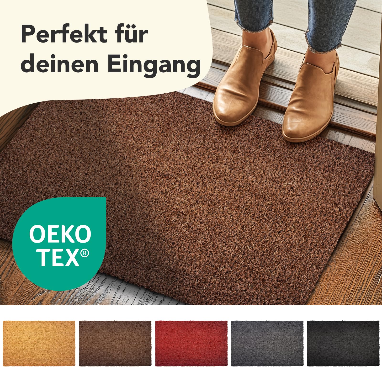 Floordirekt Deurmat voor binnen en buiten, 40 x 60 cm, zwart, deurmat van kokos, vuilvangmat voor huisdeur, antislip voetmat, kokosmat, voetveger (17 mm