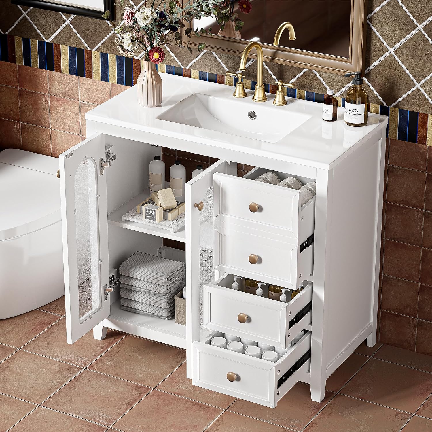 36 Inch Bathroom Vanity with Sink, Modern Bathroom Storage Cabinet with Ceramic Basin , Solid Wood Pedestal Sink Storage Cabinet with Stylish Soft Closing Glass Doors, Drawers and Shelf (White)