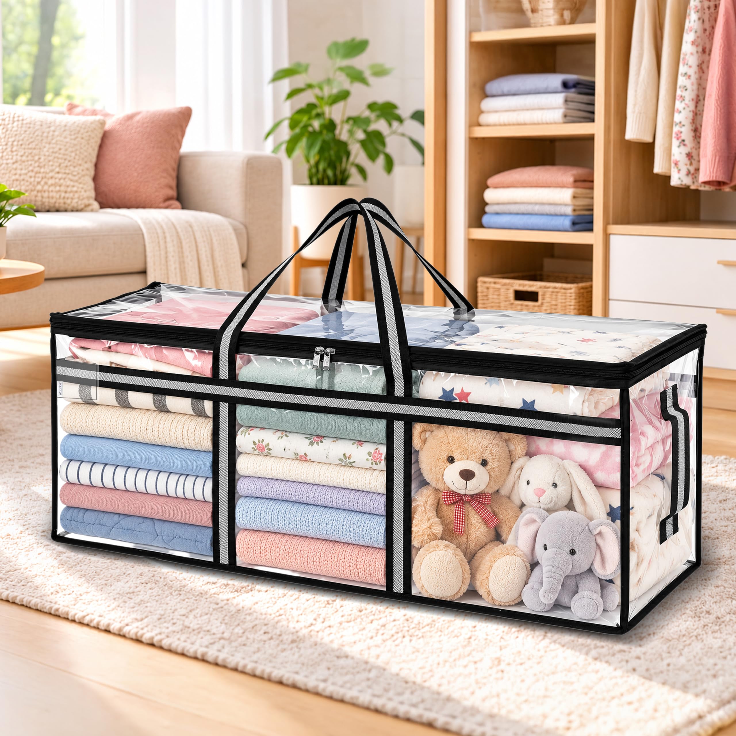 Storite Heavy Duty 85 L Transparent Super-Size Jumbo Underbed Storage Bag | Multi-Purpose Moisture Proof Toys/Blankets/Stationery Paper/Clothes Storage Bag (88x27x36 cm)